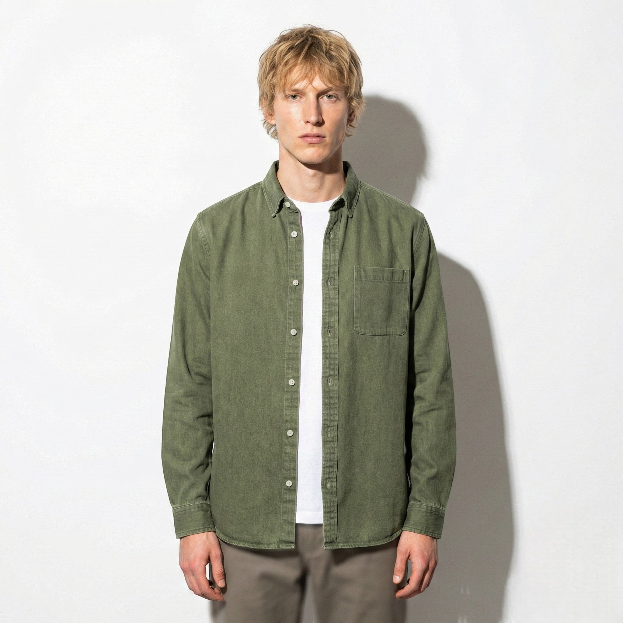 Noah - Men's Relaxed Long Sleeve Shirt with Notched Collar - Long Sleeve Polo Shirt - Green - Jones & Smith