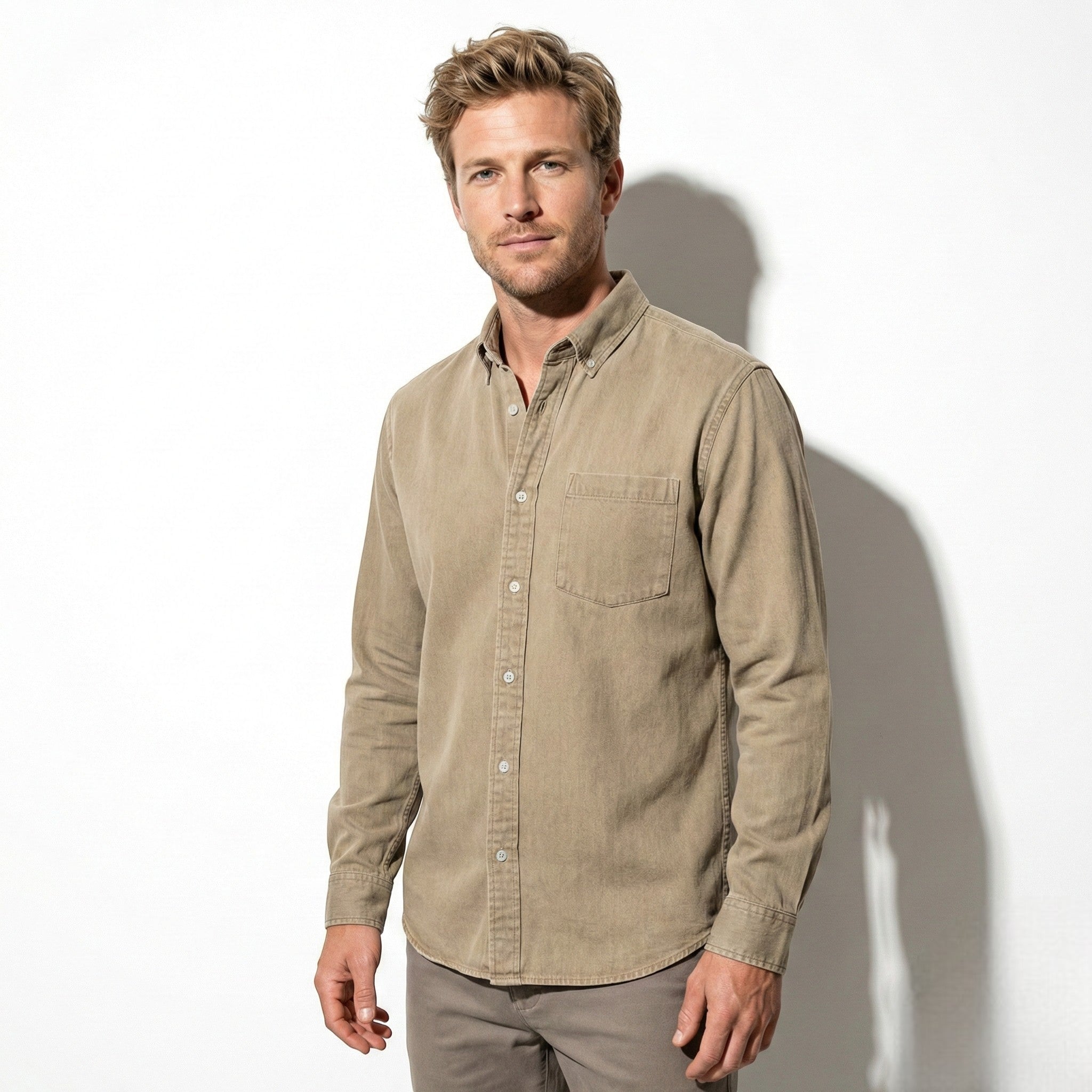 Noah - Men's Relaxed Long Sleeve Shirt with Notched Collar - Long Sleeve Polo Shirt - Khaki - Jones & Smith