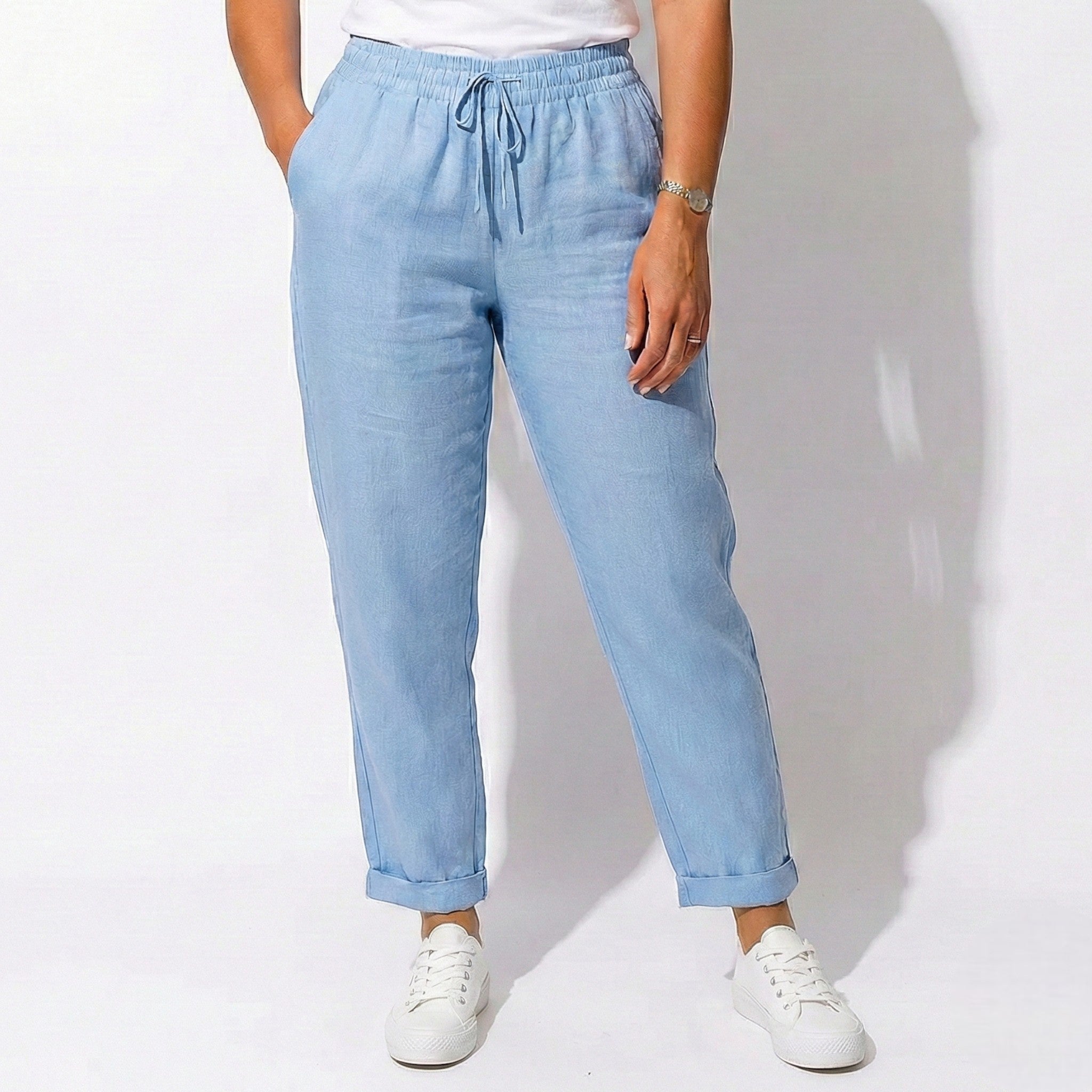 Nora - Women’s Elasticated Drawstring Trousers with Relaxed Fit - Trouser - Light Blue - Jones & Smith