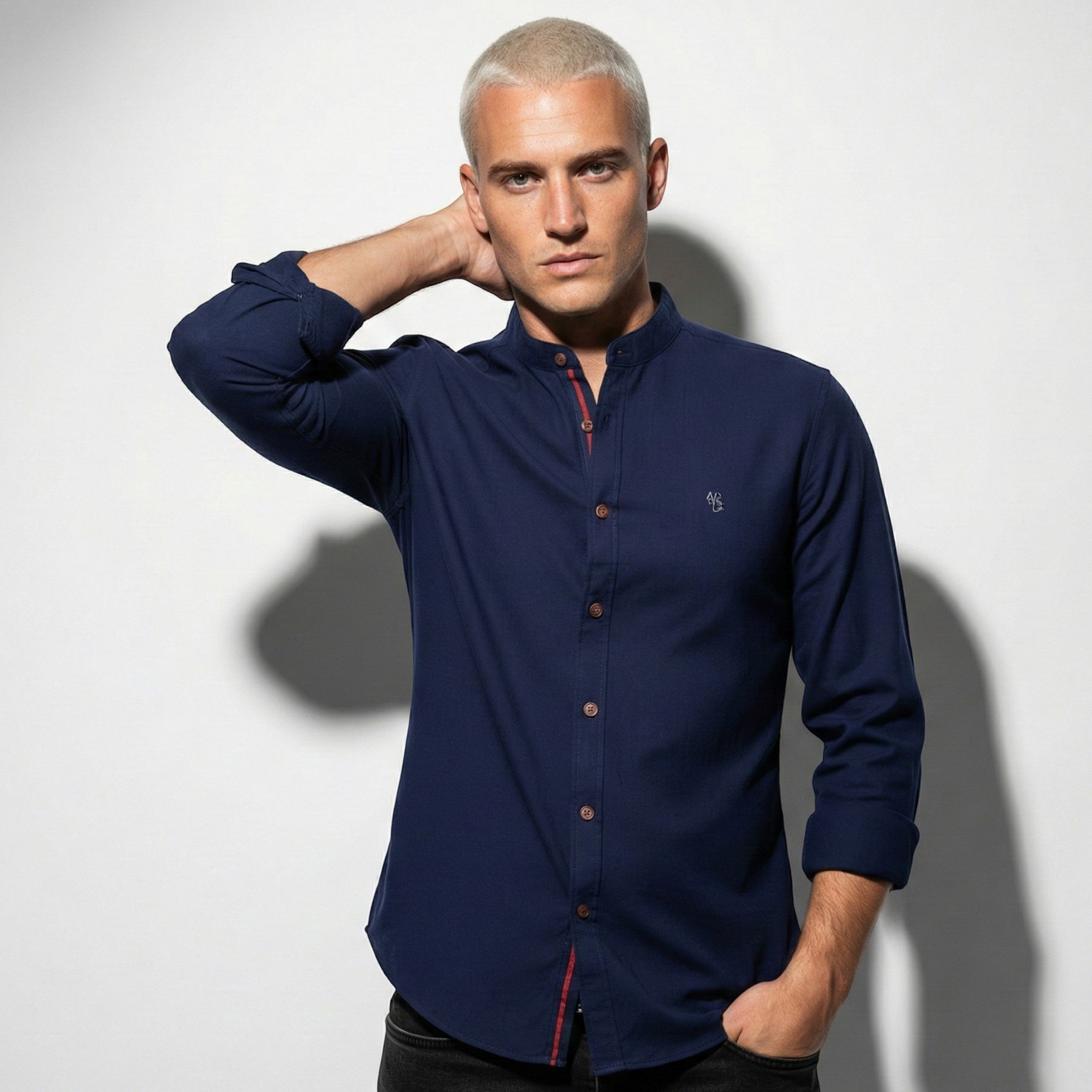 Oliver - Men's Casual Shirt with Mandarin Collar and Button Placket - Shirt - Navy Blue - Jones & Smith