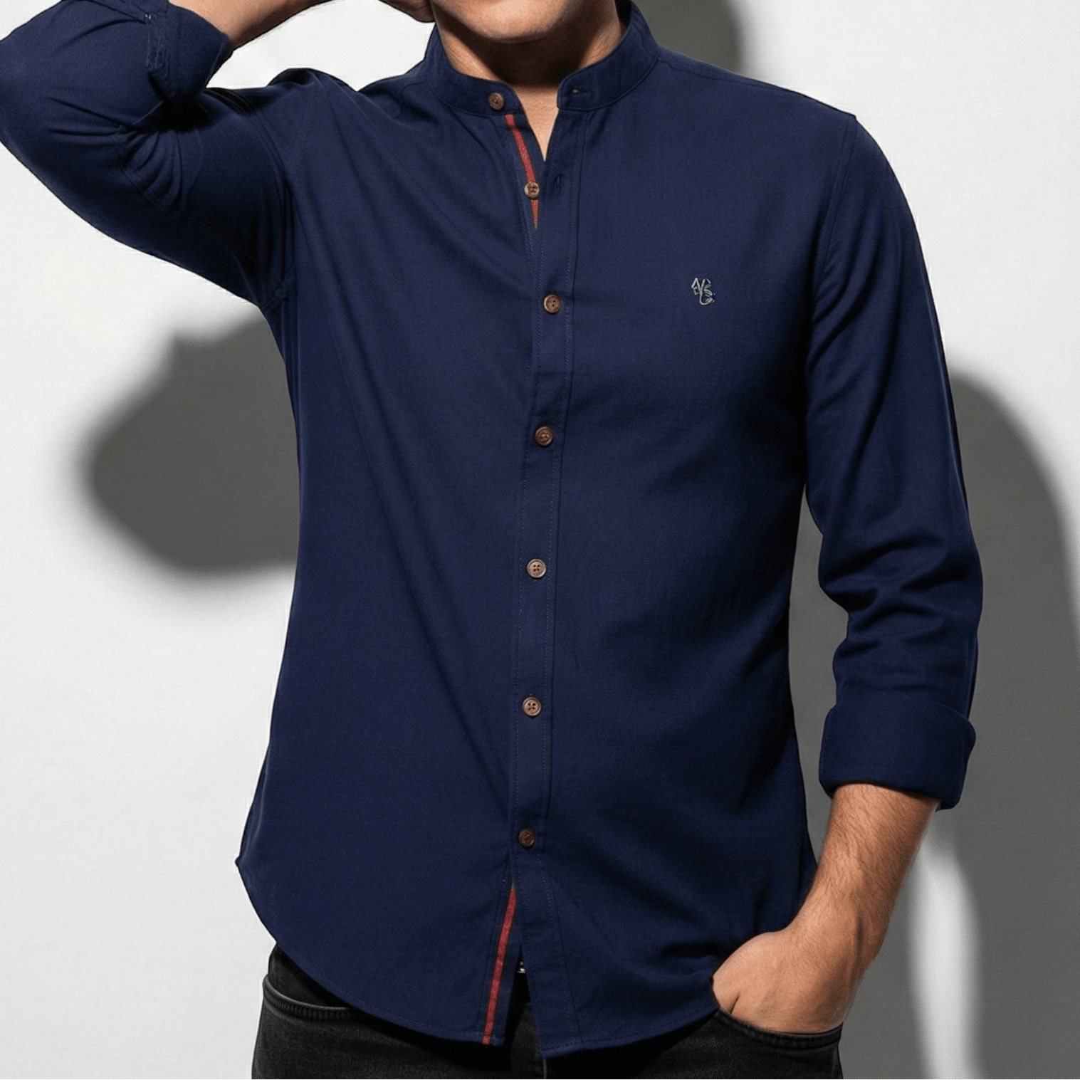 Oliver - Men's Casual Shirt with Mandarin Collar and Button Placket - Shirt - Navy Blue - Jones & Smith