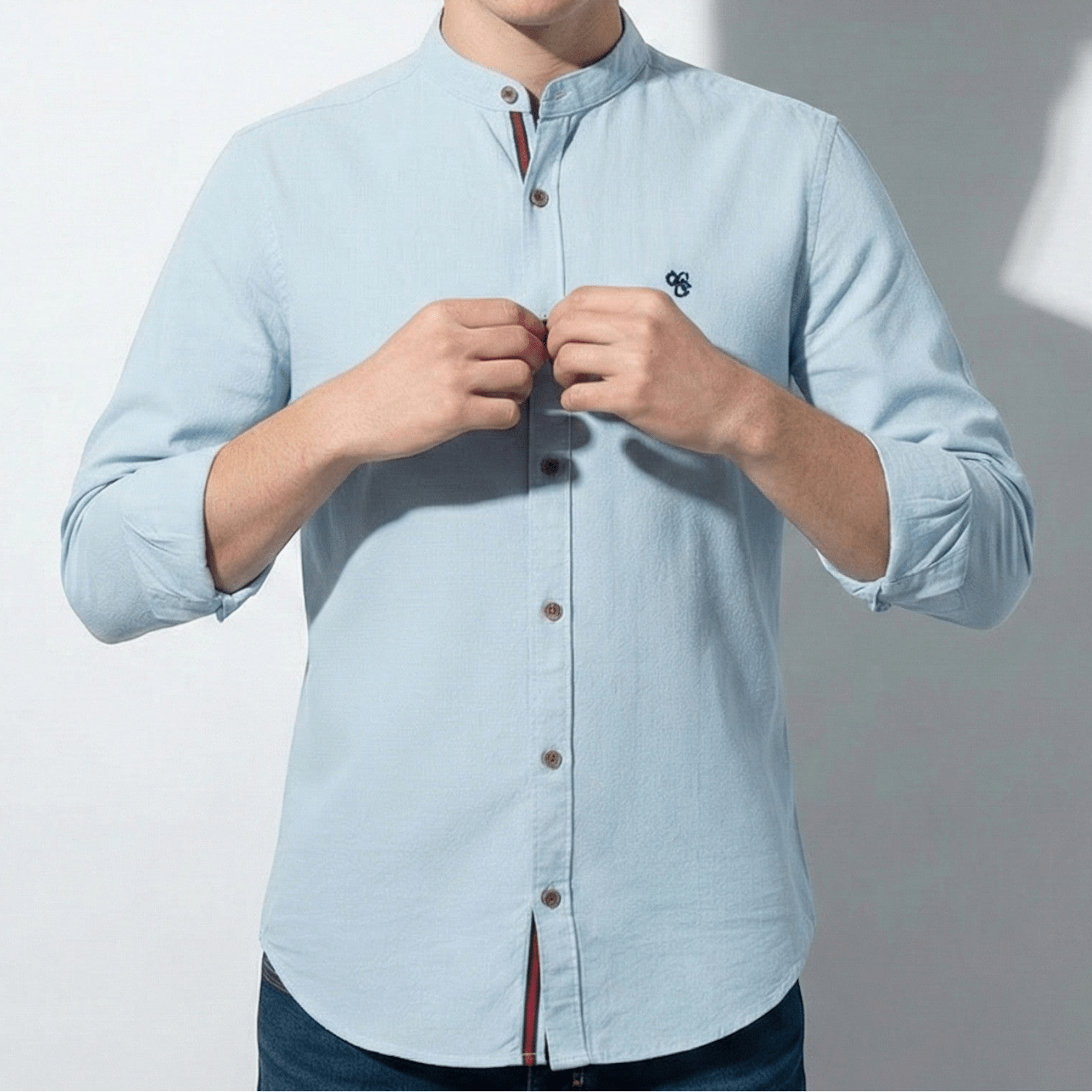 Oliver - Men's Casual Shirt with Mandarin Collar and Button Placket - Shirt - Light Blue - Jones & Smith
