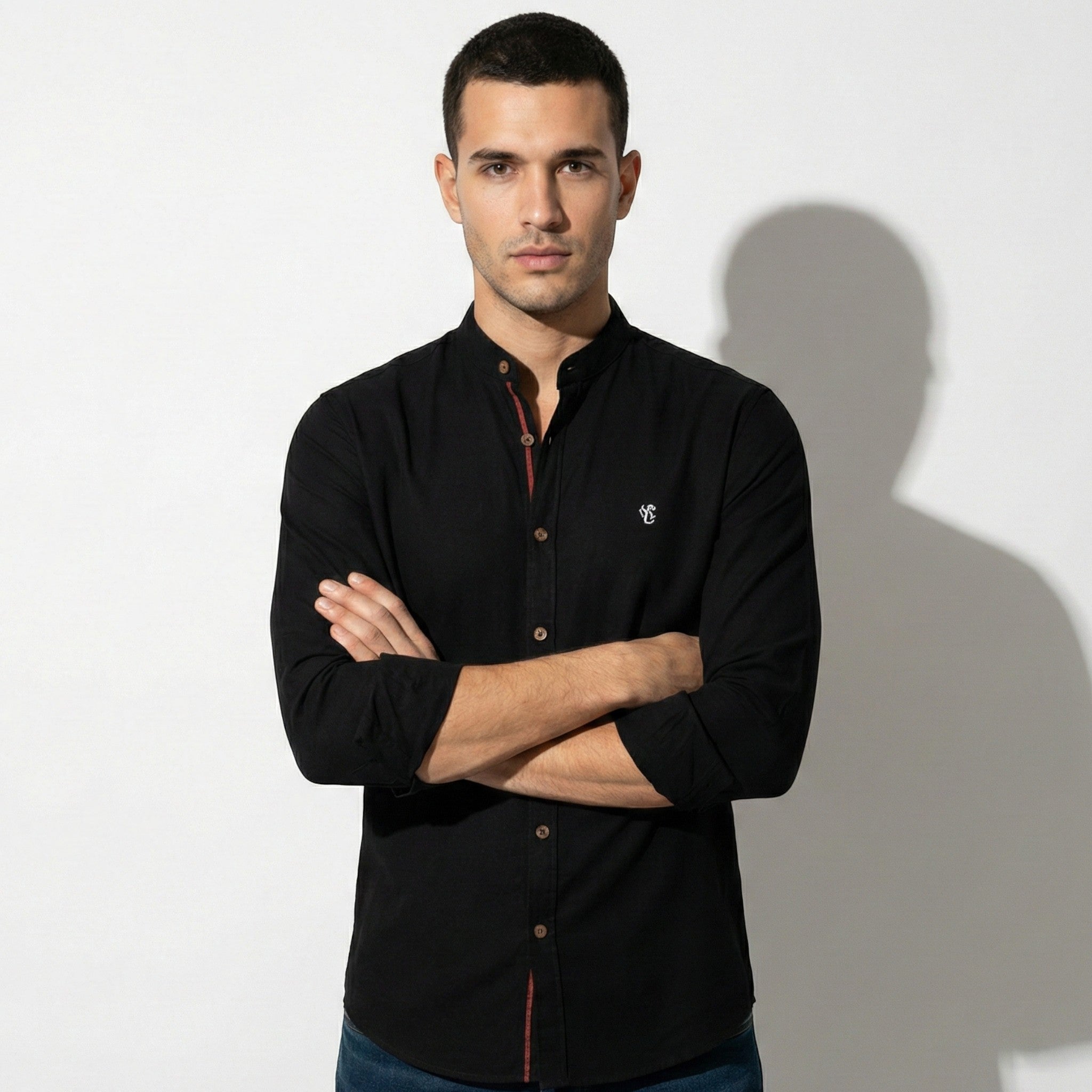 Oliver - Men's Casual Shirt with Mandarin Collar and Button Placket - Shirt - Black - Jones & Smith