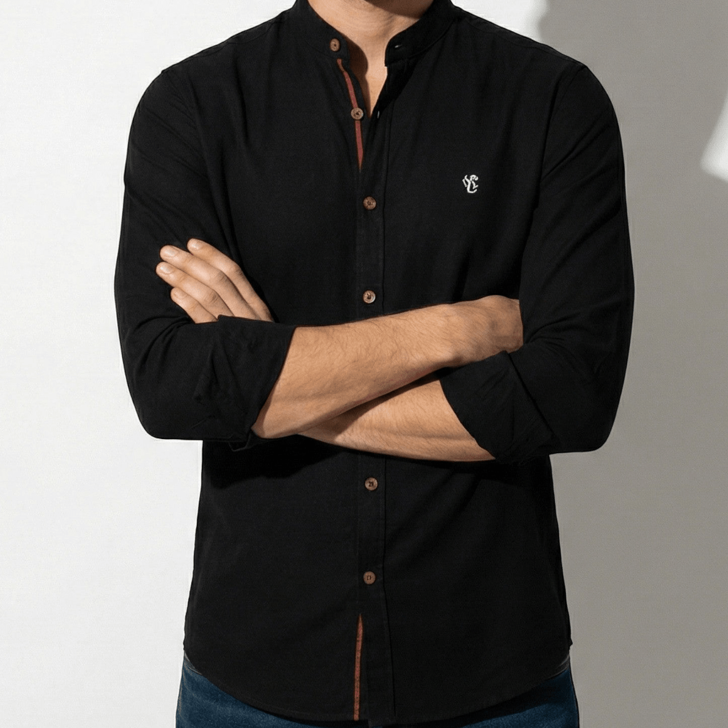 Oliver - Men's Casual Shirt with Mandarin Collar and Button Placket - Shirt - Black - Jones & Smith