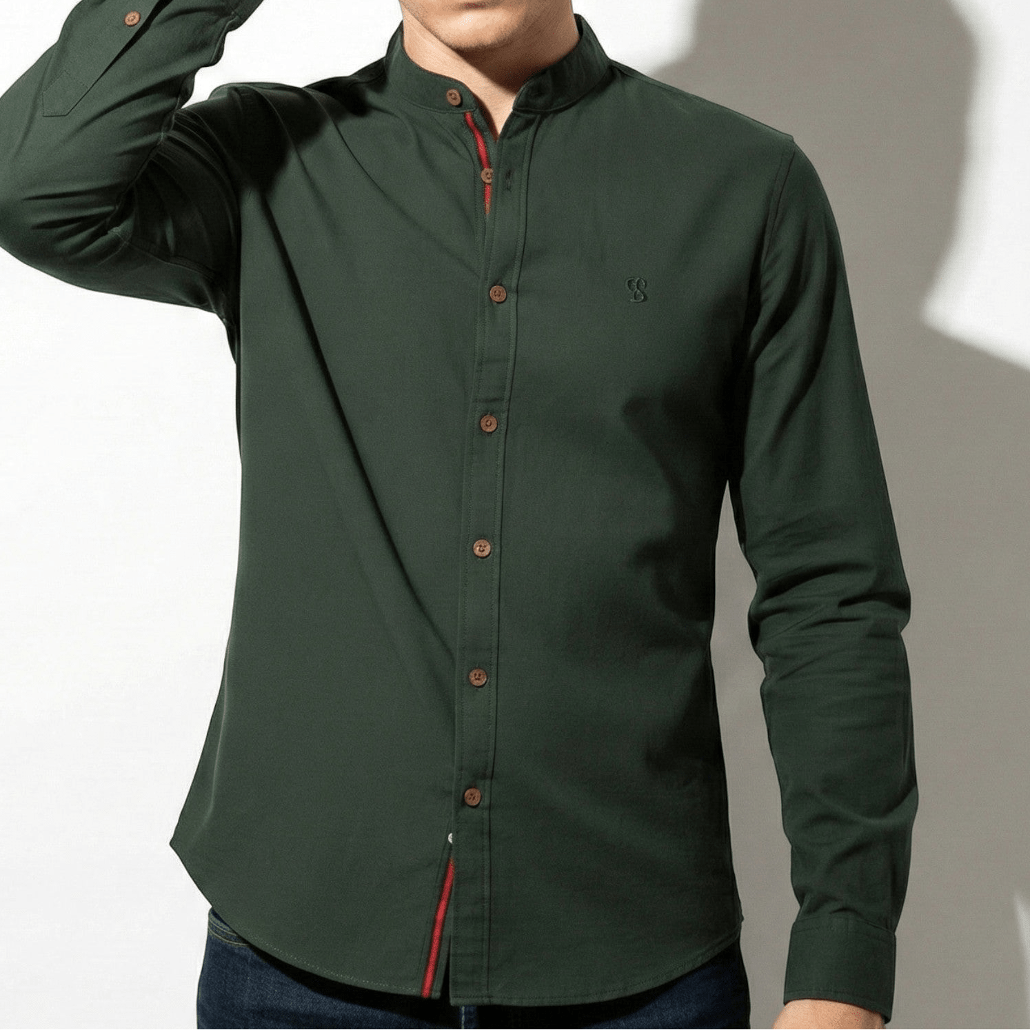 Oliver - Men's Casual Shirt with Mandarin Collar and Button Placket - Shirt - Army Green - Jones & Smith