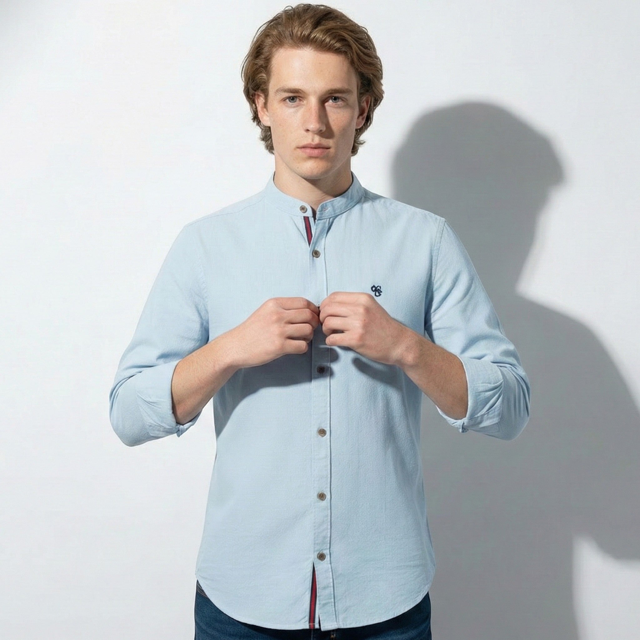 Oliver - Men's Casual Shirt with Mandarin Collar and Button Placket - Shirt - Light Blue - Jones & Smith