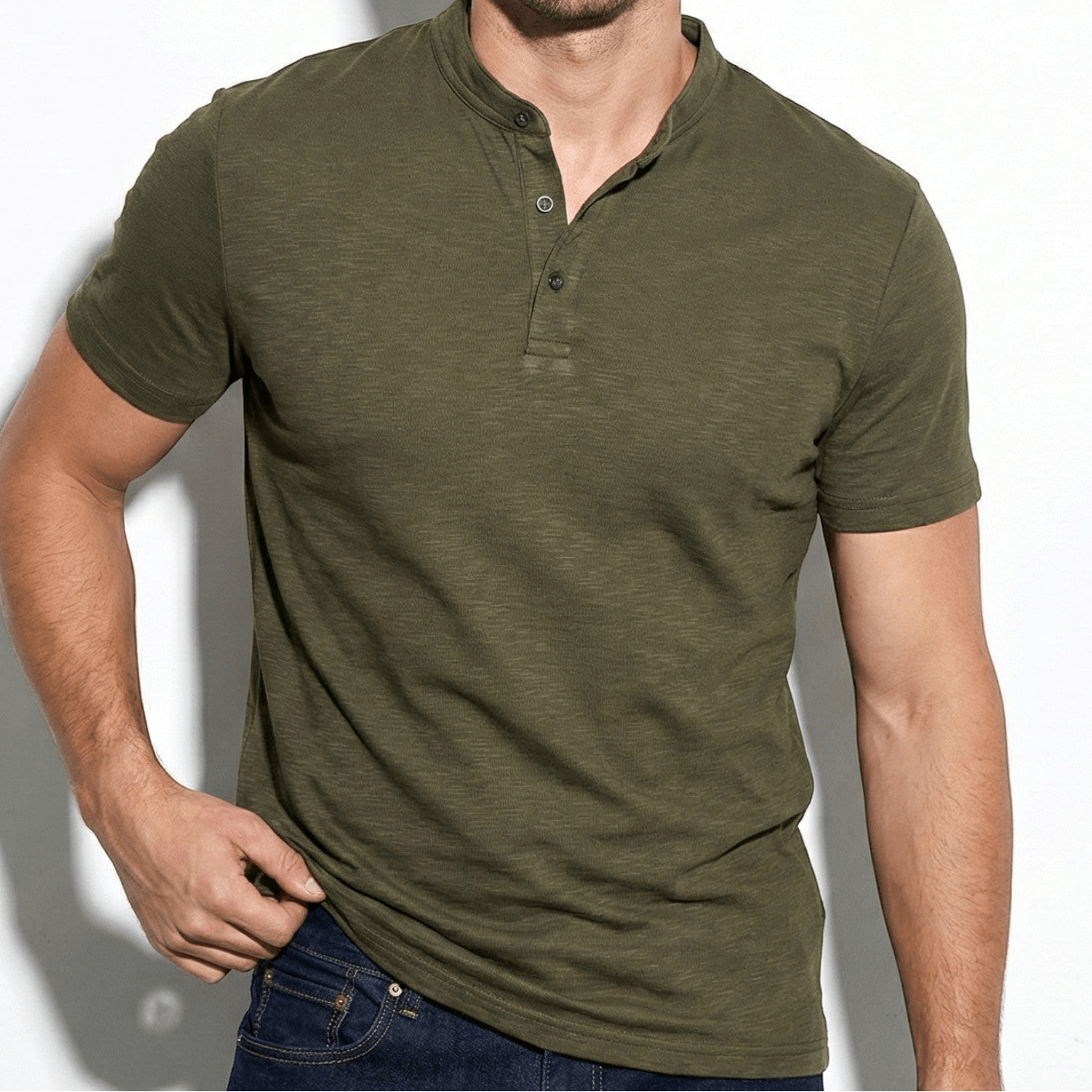 Oliver - Men's Short Sleeve Henley Shirt with Button Placket - Men Shirt - Dark Green - Jones & Smith