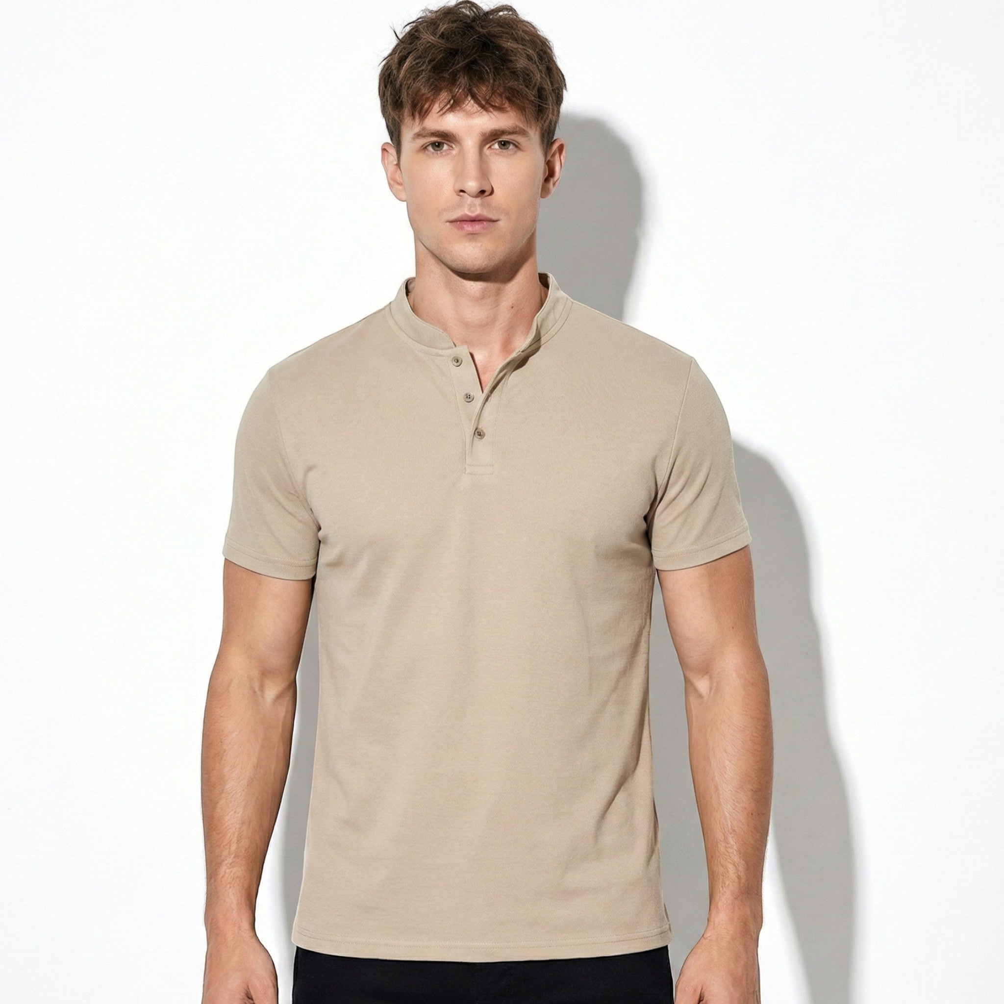 Oliver - Men's Short Sleeve Henley Shirt with Button Placket - Men Shirt - Khaki - Jones & Smith