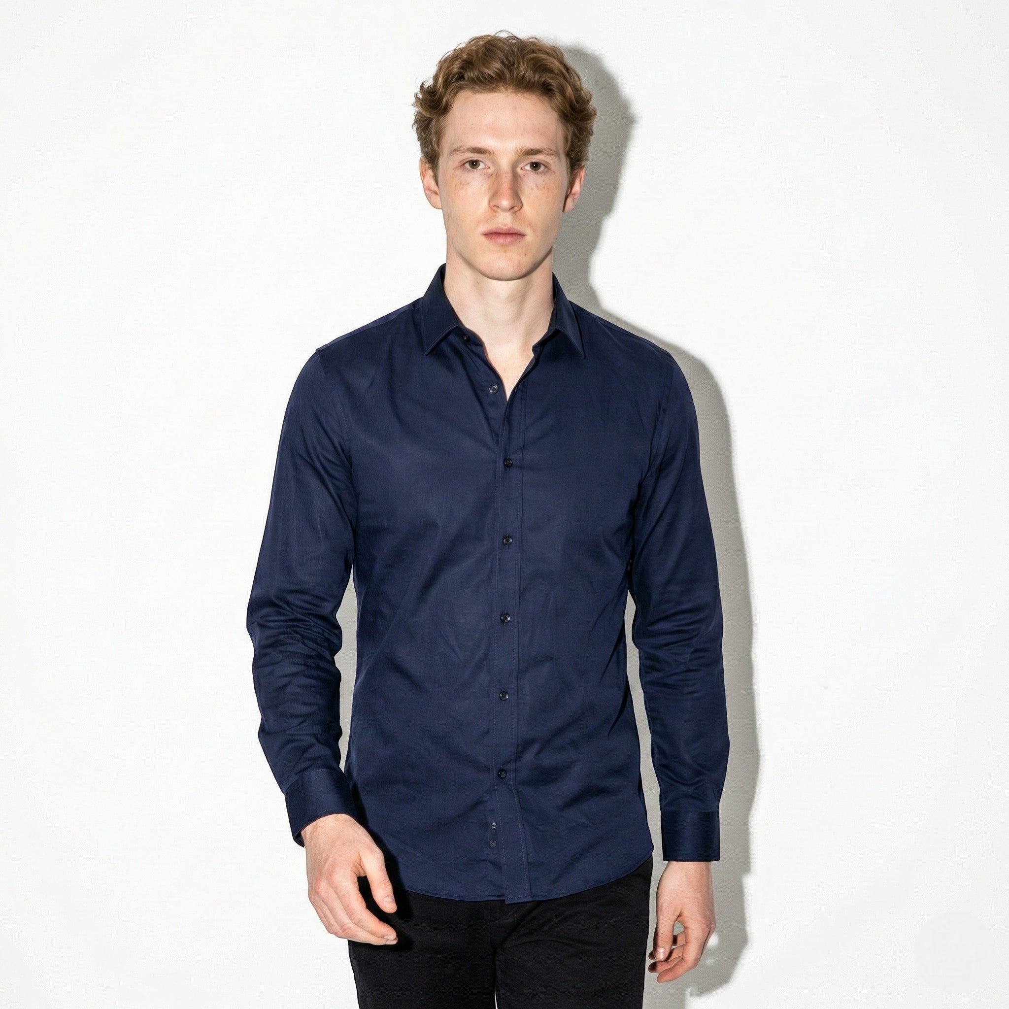 Oliver - Men's Slim Fit Wrinkle - Free Shirt - Casual Top - Navy Blue - Jones & Smith
