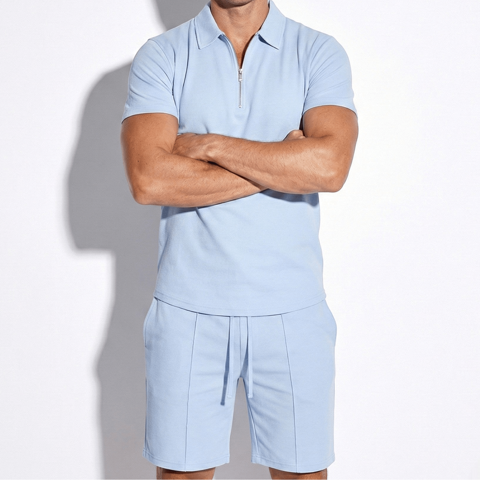 Oliver - Men’s Two - Piece Shorts and Quarter - Zip Polo Set - Sets - Light Blue - Jones & Smith