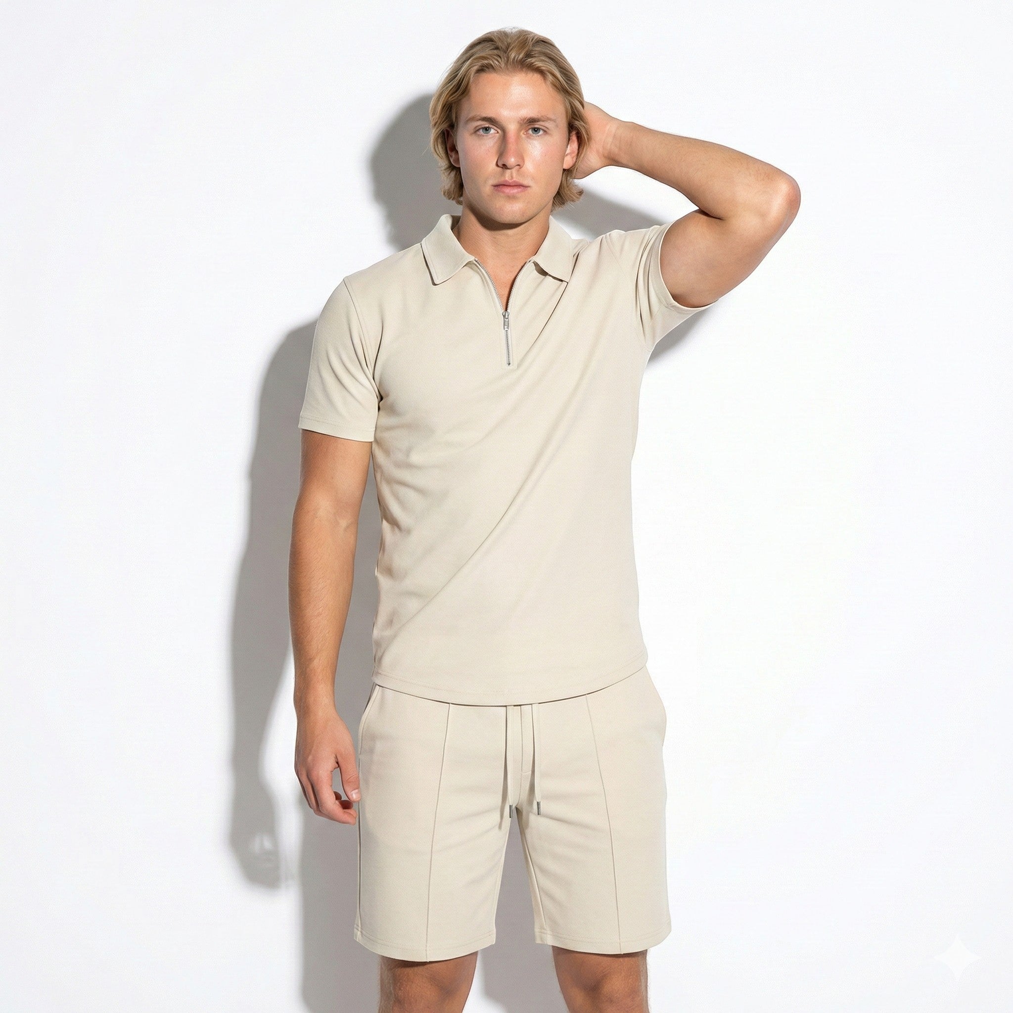 Oliver - Men’s Two - Piece Shorts and Quarter - Zip Polo Set - Sets - Khaki - Jones & Smith