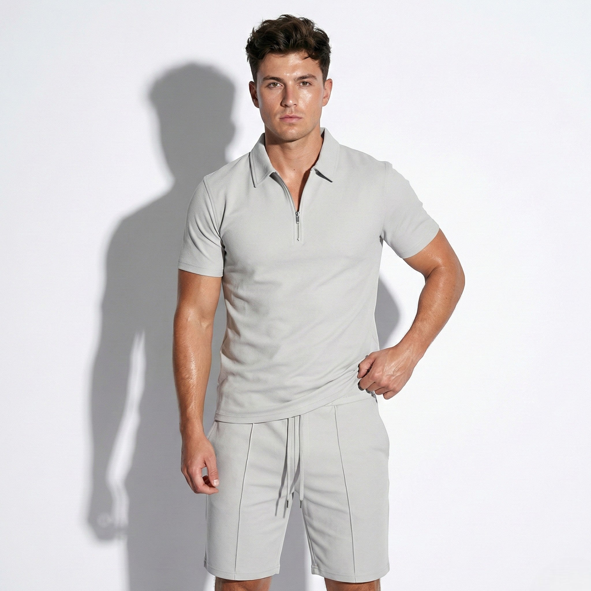 Oliver - Men’s Two - Piece Shorts and Quarter - Zip Polo Set - Sets - Grey - Jones & Smith