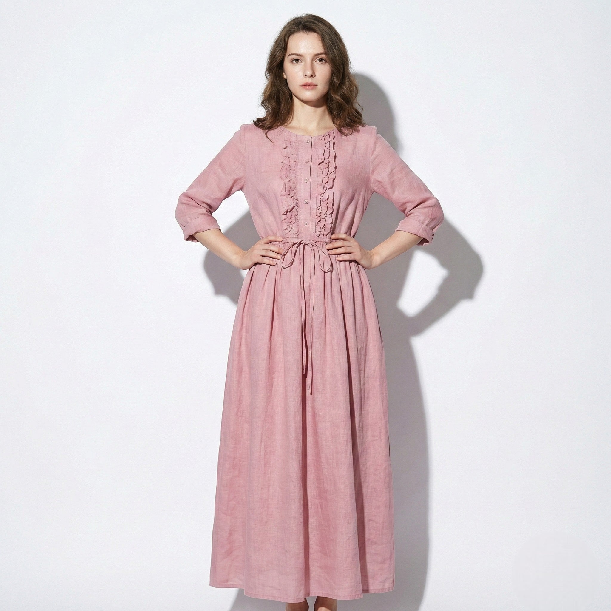 Olivia - Women’s Long Sleeve Maxi Dress with Pleated Bodice - New - Pink - Jones & Smith