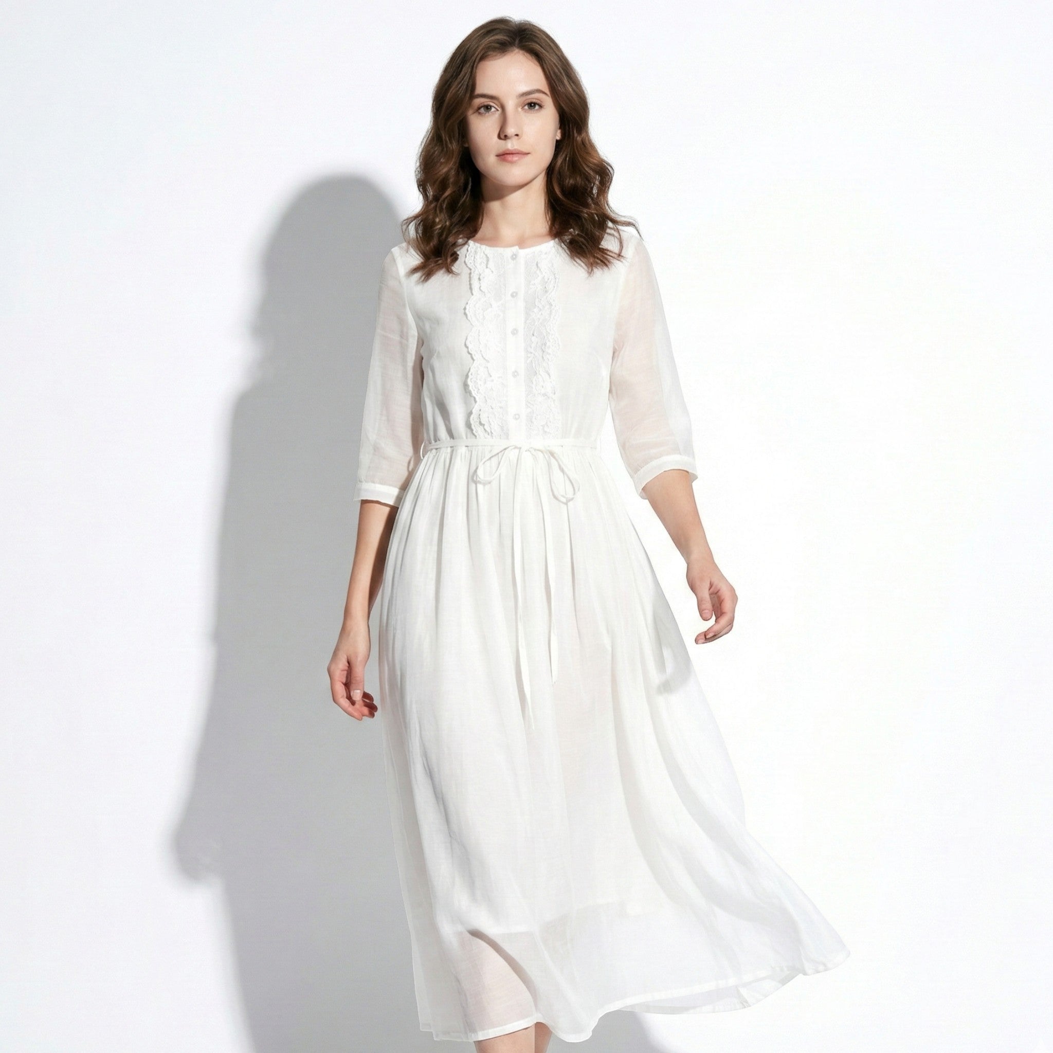 Olivia - Women’s Long Sleeve Maxi Dress with Pleated Bodice - New - White - Jones & Smith