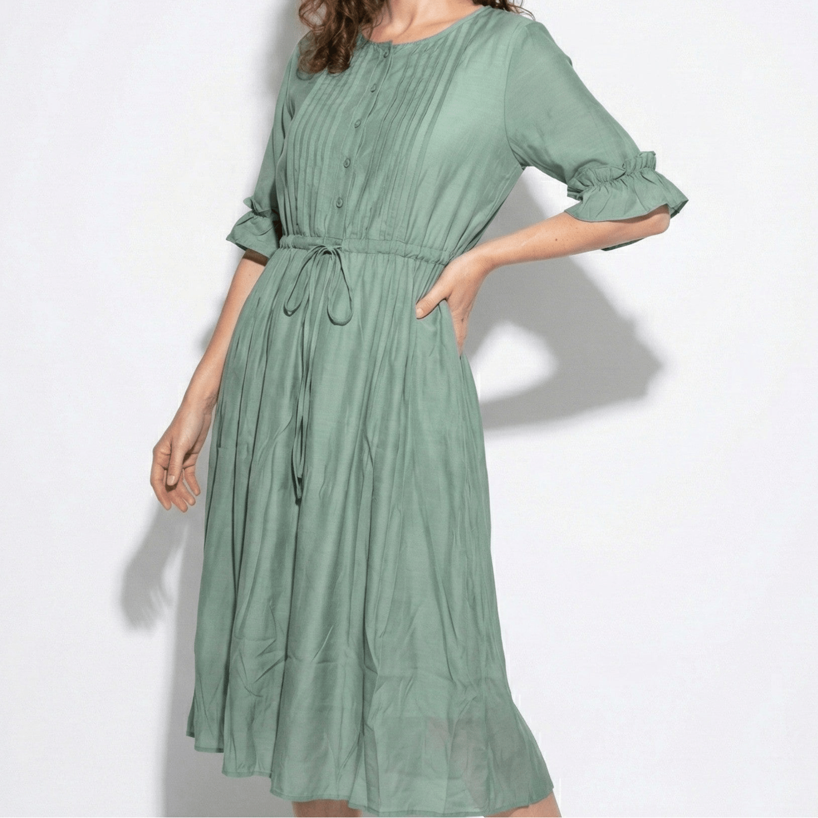 Olivia - Women’s Long Sleeve Maxi Dress with Pleated Bodice - New - Green - Jones & Smith