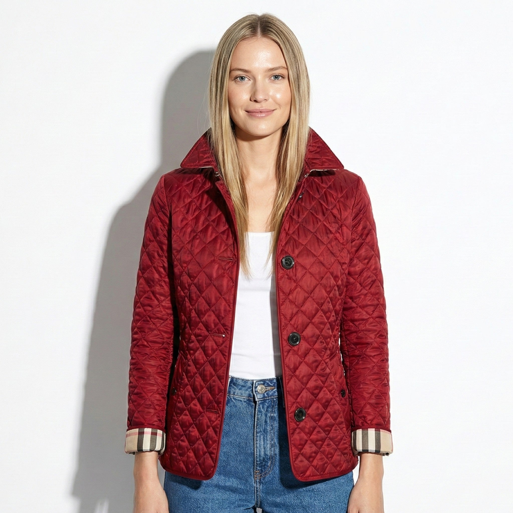 Olivia - Women's Quilted Button - Up Jacket - Puffer Jacket - Dark Red - Jones & Smith