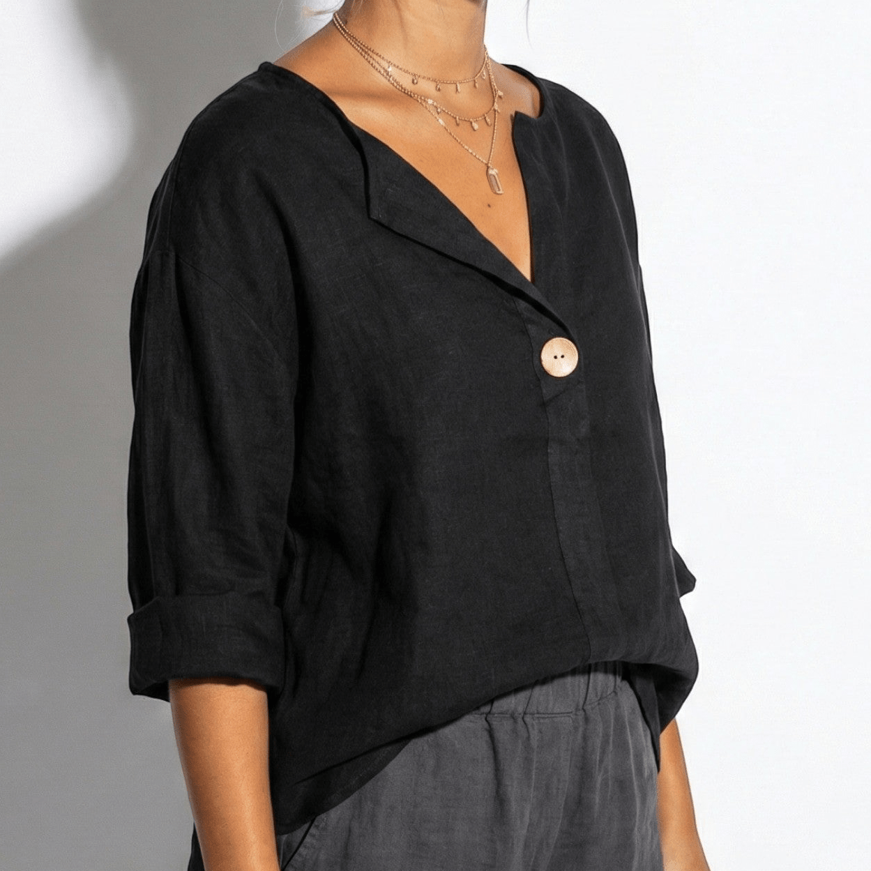 Olivia - Women's V - Neck Blouse with Button Detail and 3/4 Sleeves - Blouses - Black - Jones & Smith