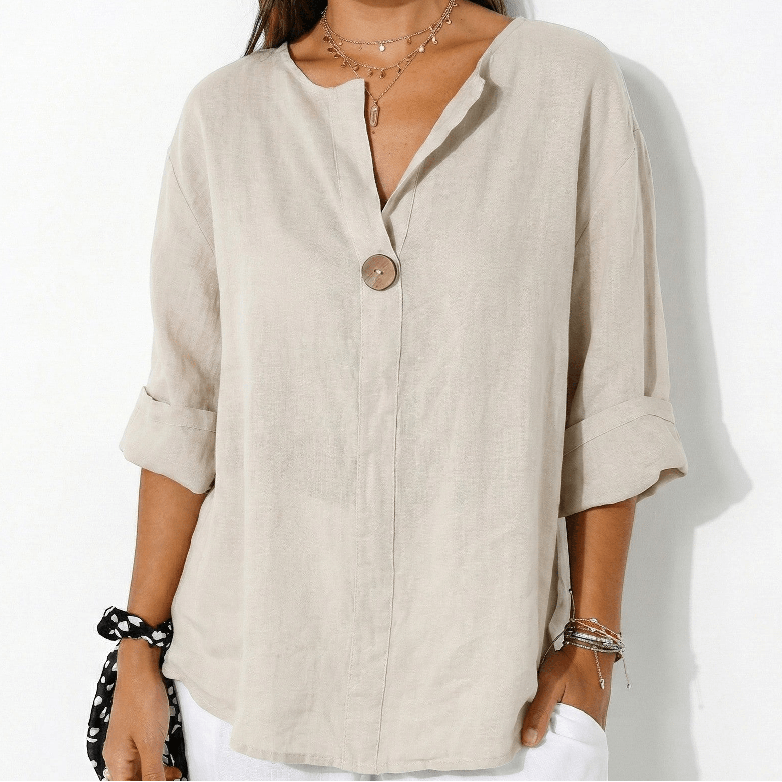 Olivia - Women's V - Neck Blouse with Button Detail and 3/4 Sleeves - Blouses - Beige - Jones & Smith