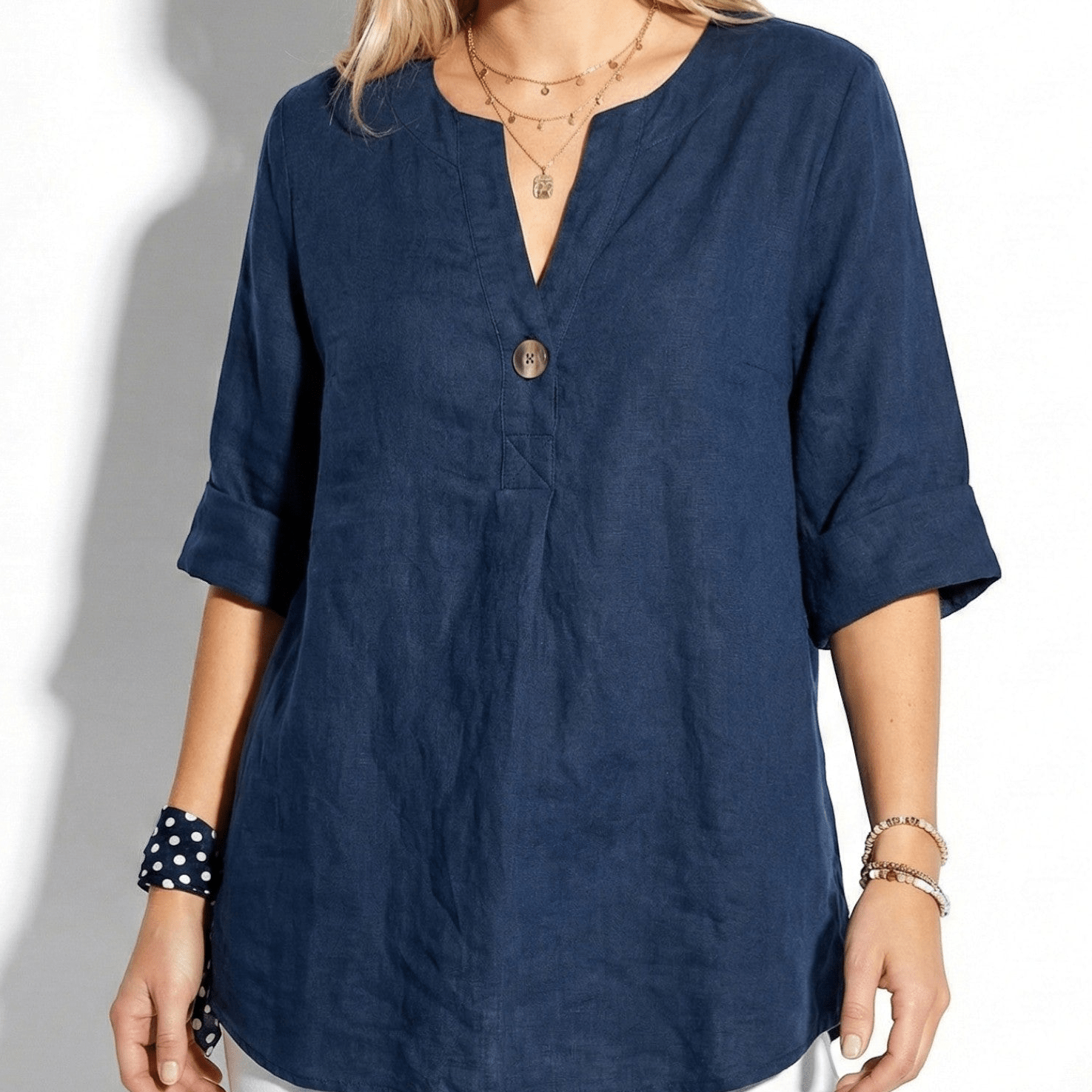 Olivia - Women's V - Neck Blouse with Button Detail and 3/4 Sleeves - Blouses - Navy Blue - Jones & Smith