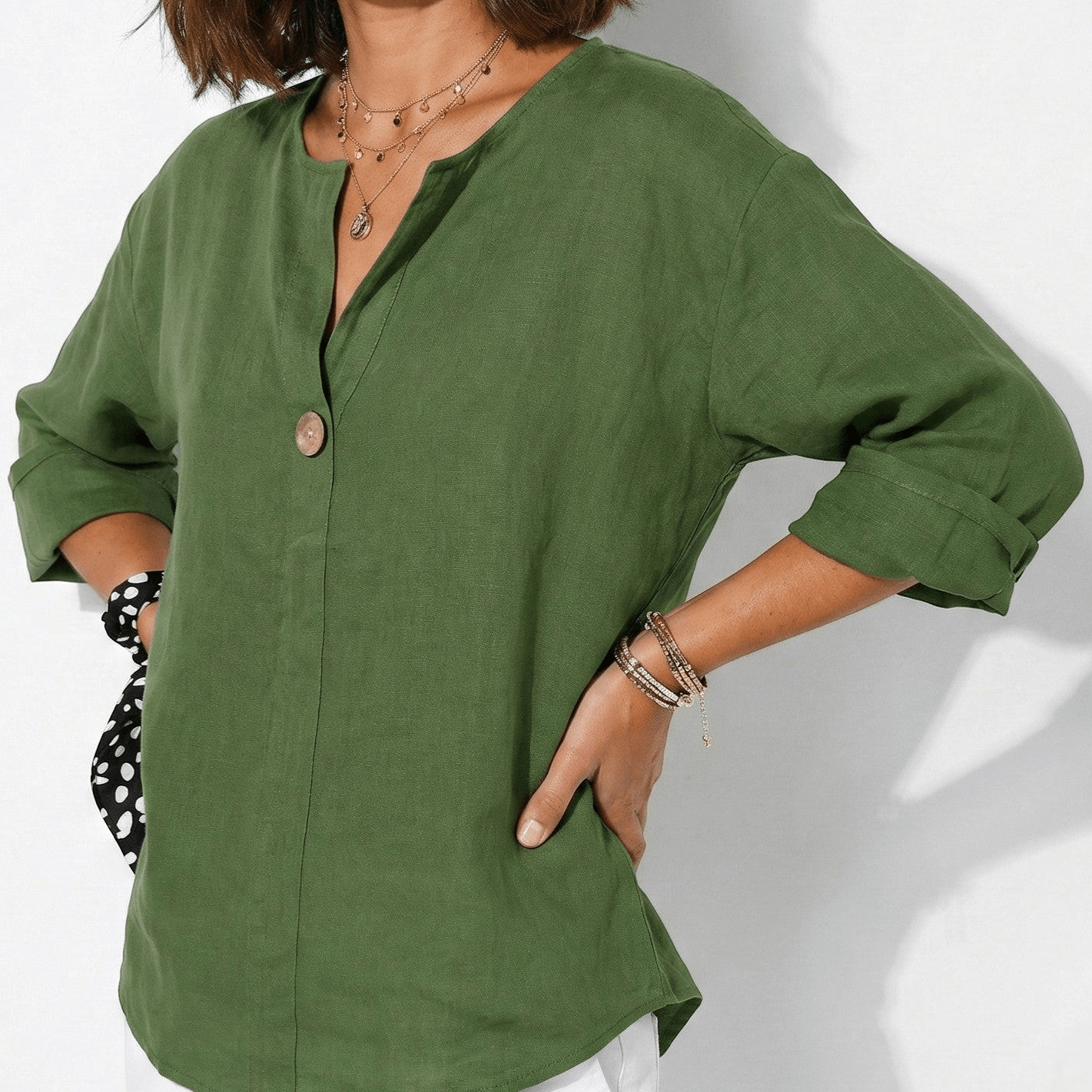 Olivia - Women's V - Neck Blouse with Button Detail and 3/4 Sleeves - Blouses - Green - Jones & Smith