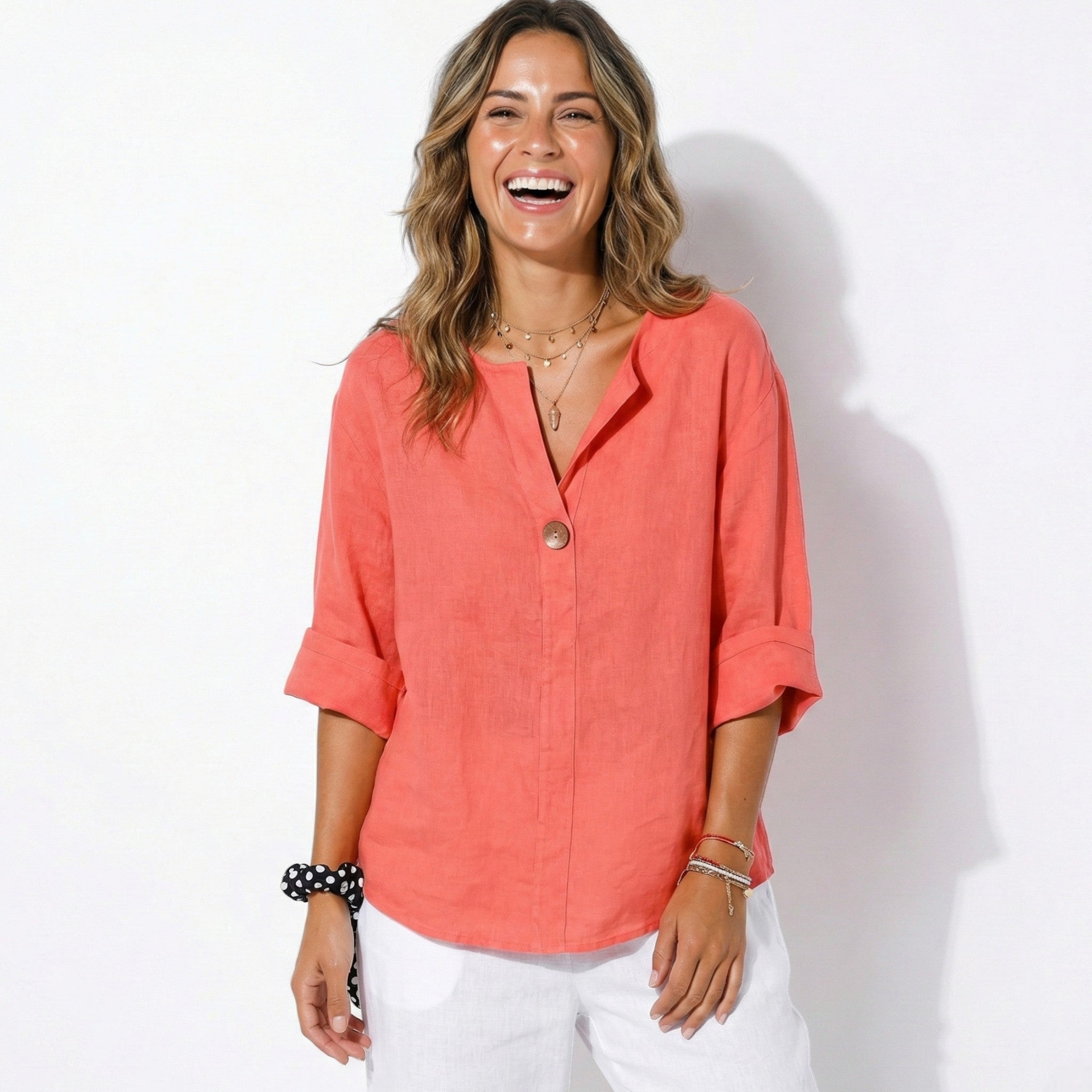 Olivia - Women's V - Neck Blouse with Button Detail and 3/4 Sleeves - Blouses - Red - Jones & Smith