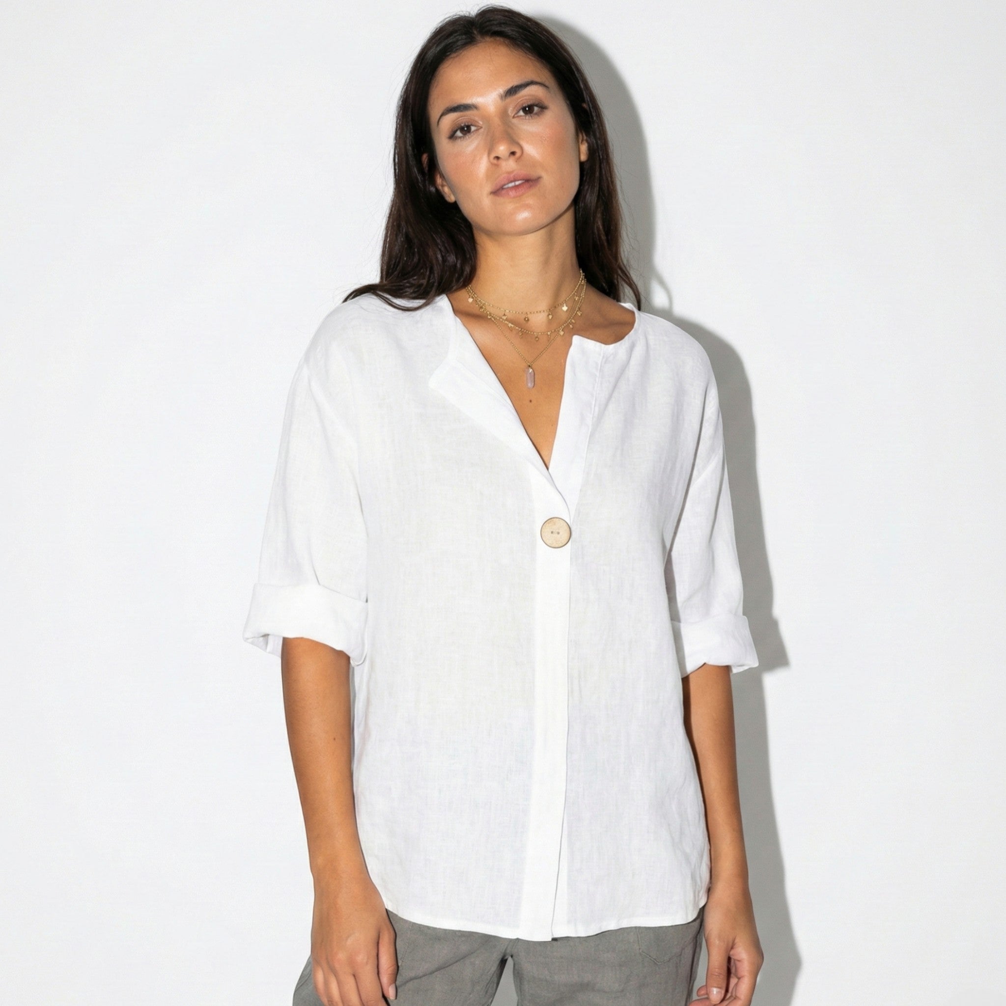 Olivia - Women's V - Neck Blouse with Button Detail and 3/4 Sleeves - Blouses - White - Jones & Smith