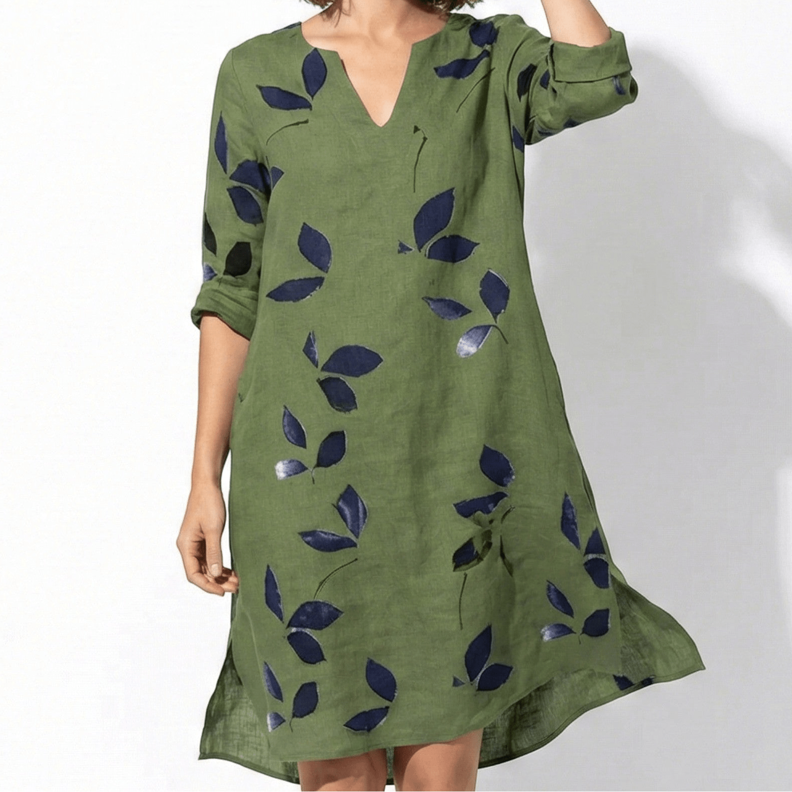 Olivia - Women's Vintage V - Neck Midi Dress with Short Sleeves - Dress - Green - Jones & Smith