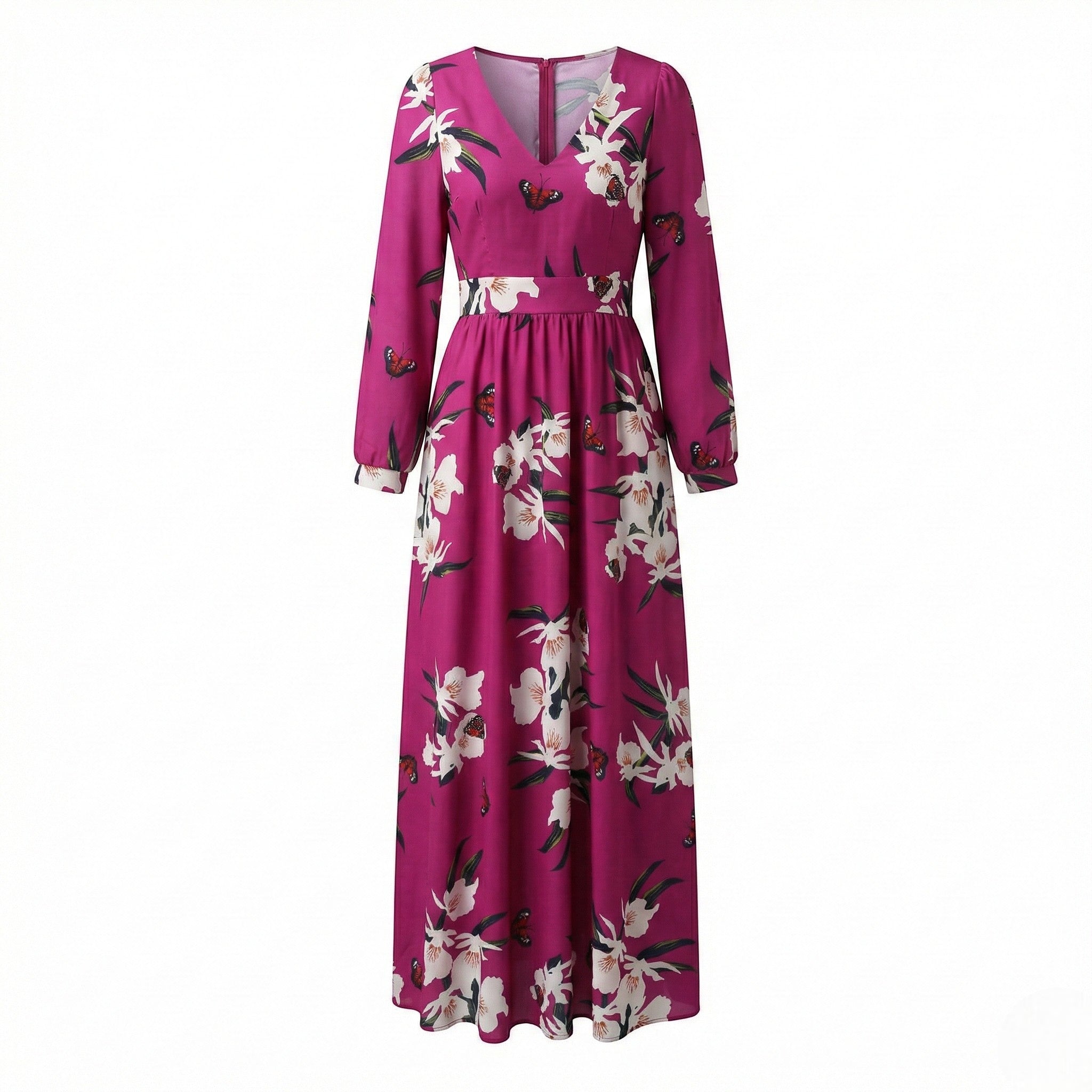 Rachel - Women's Floral V - Neck Maxi Dress with Long Sleeves - Dresses - Purple - Jones & Smith