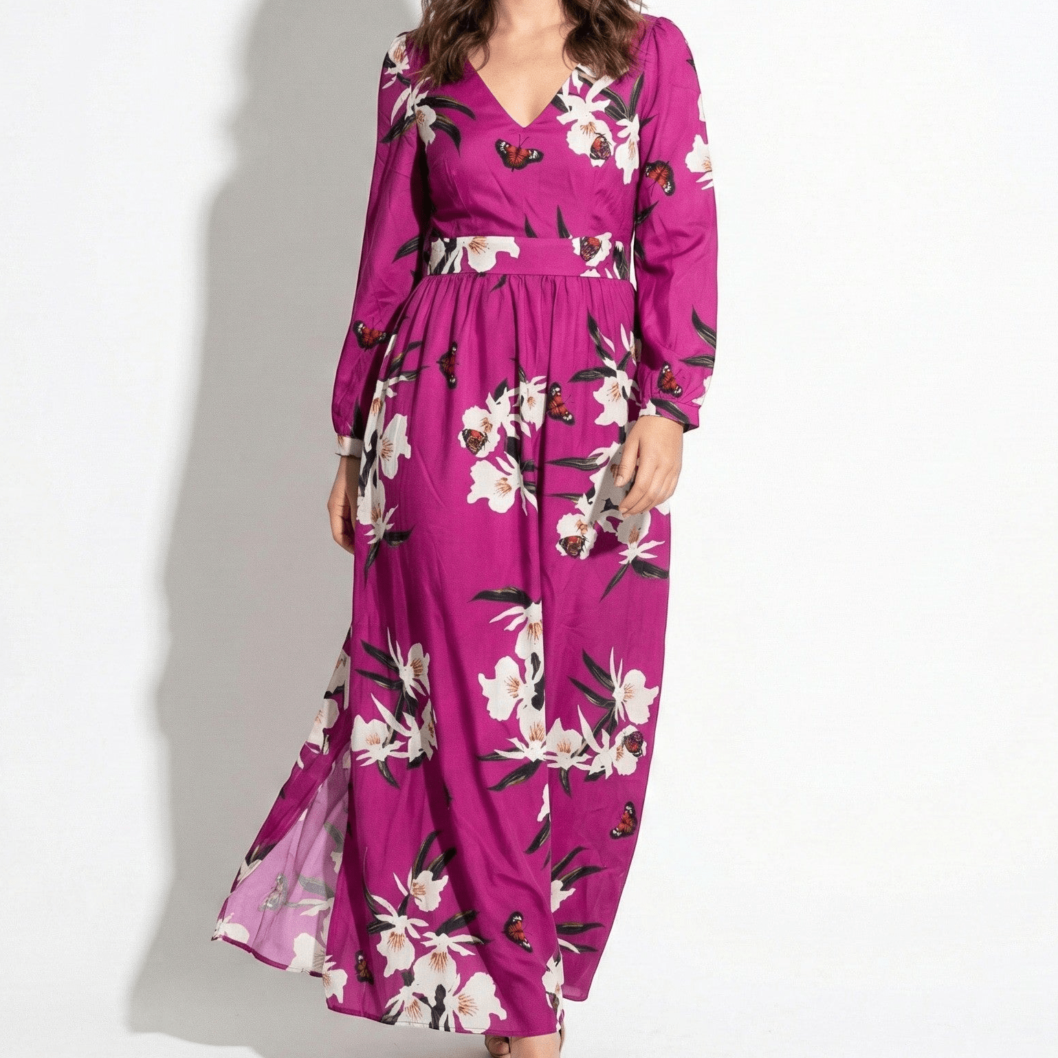 Rachel - Women's Floral V - Neck Maxi Dress with Long Sleeves - Dresses - Purple - Jones & Smith