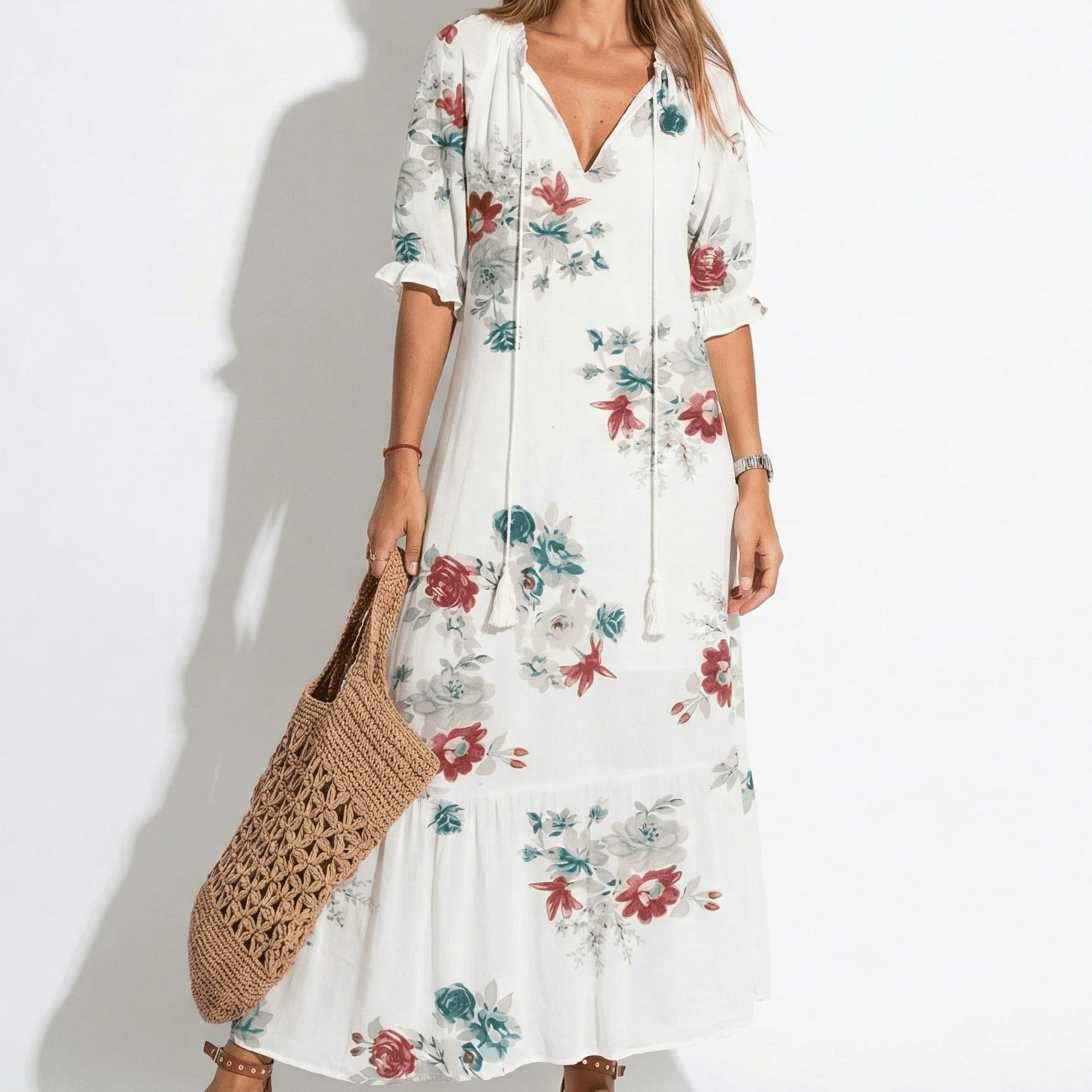 Riley - Women's Floral V - Neck Maxi Dress - Dress - White - Jones & Smith