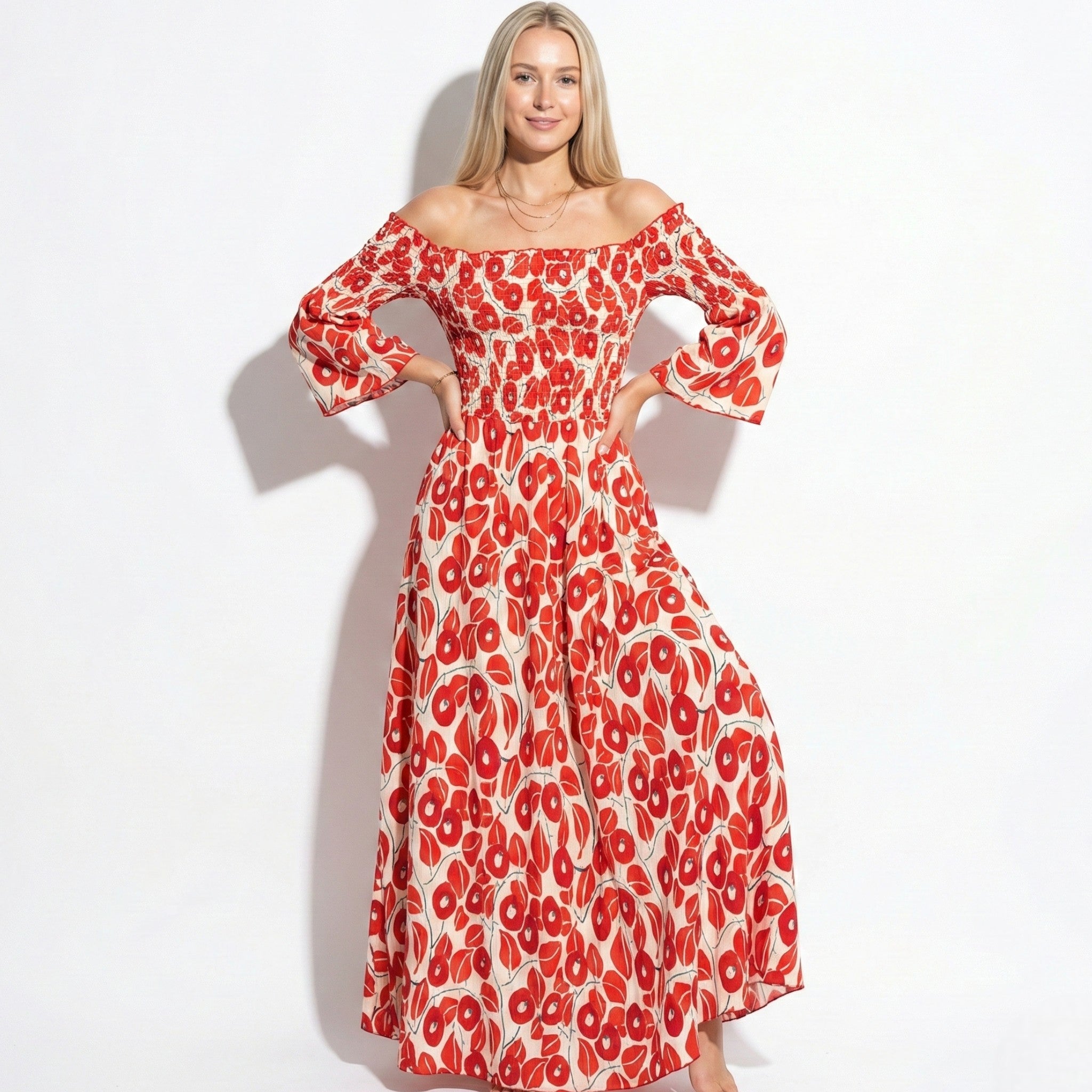 Rose - Women's Floral Off - Shoulder Maxi Dress with Smocked Bodice - Dresses - Red - Jones & Smith