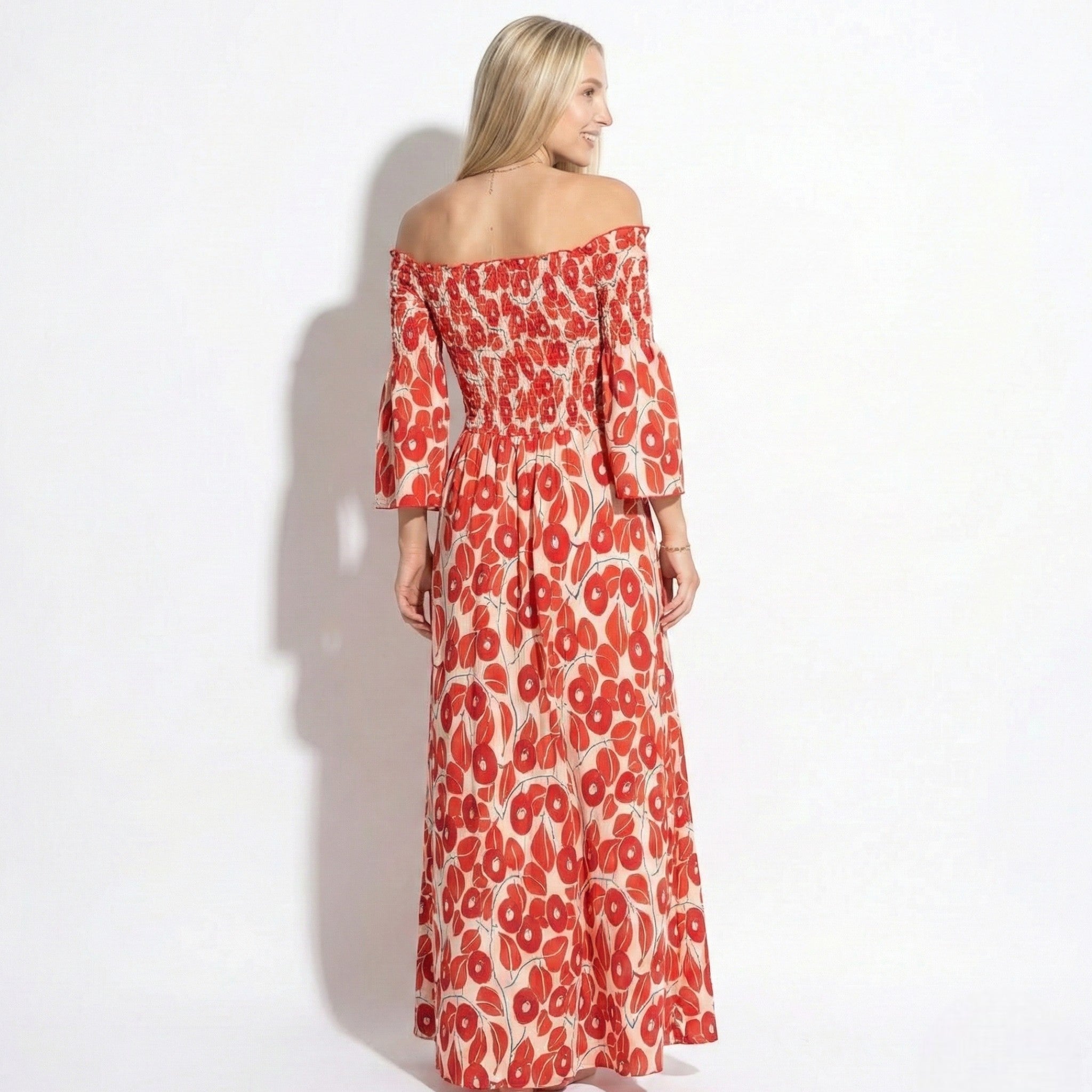 Rose - Women's Floral Off - Shoulder Maxi Dress with Smocked Bodice - Dresses - Red - Jones & Smith