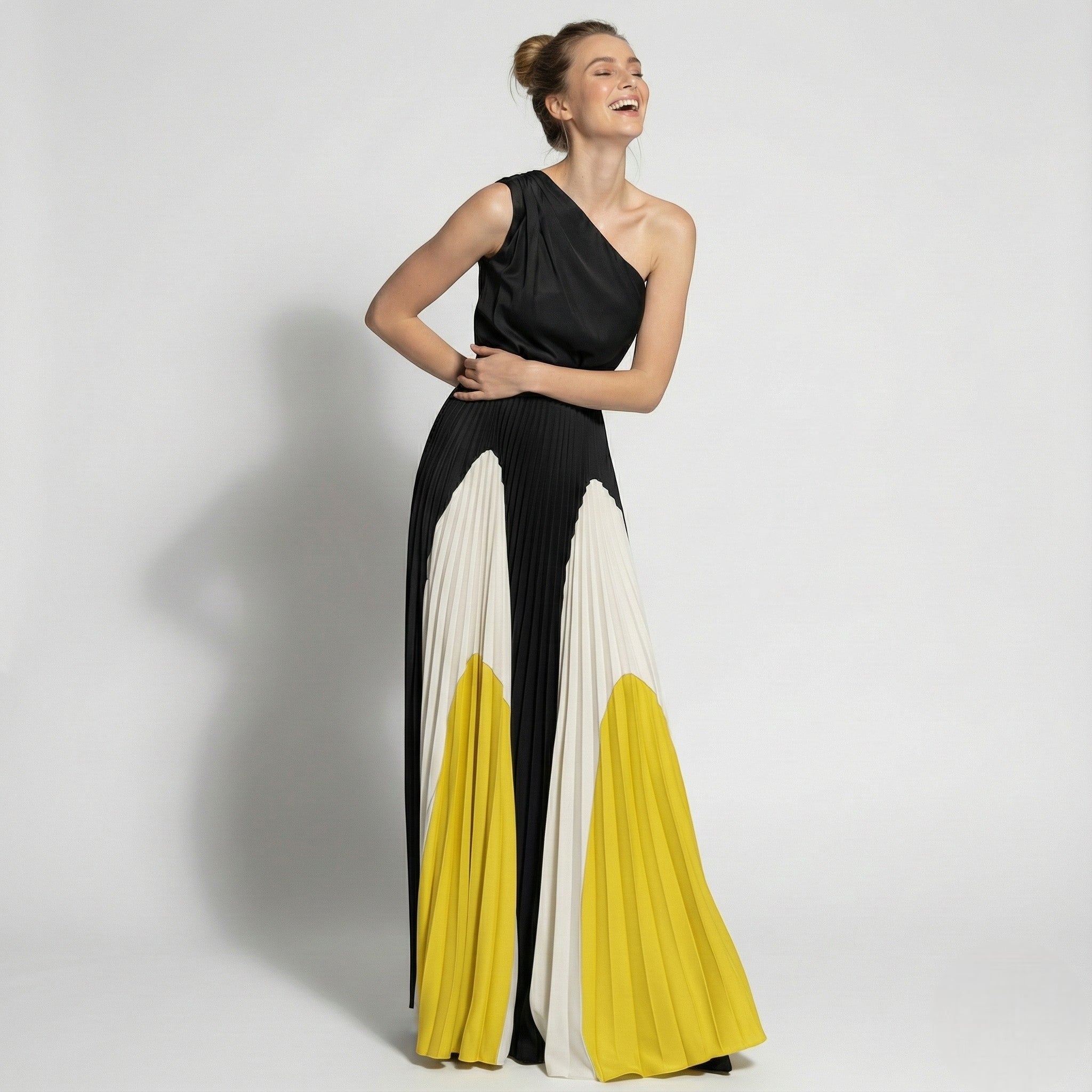 Ruby - Women's Asymmetrical One - Shoulder Pleated Dress - Dress - Sunburst Monochrome Elegance - Jones & Smith