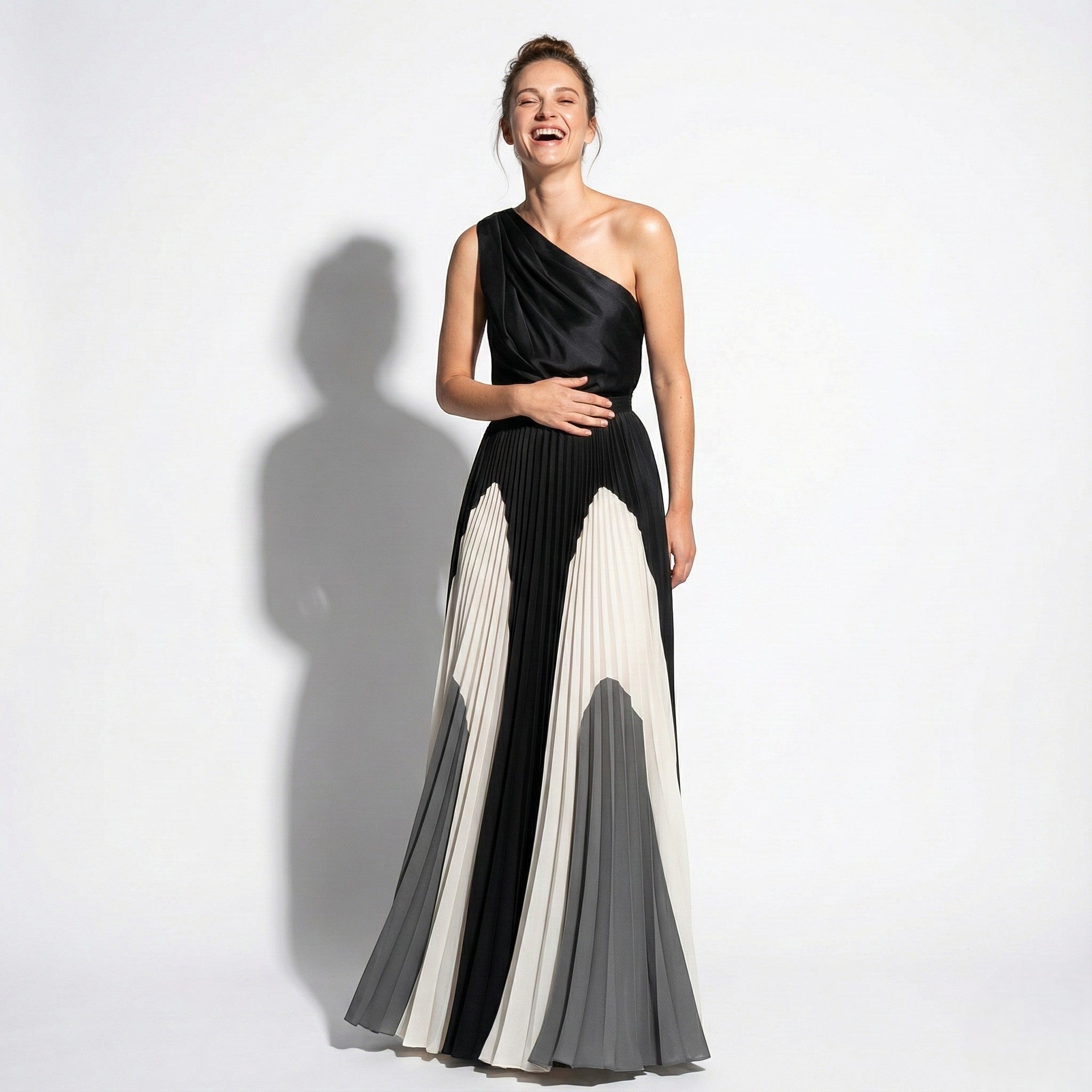 Ruby - Women's Asymmetrical One - Shoulder Pleated Dress - Dress - Monochrome Wave Elegance - Jones & Smith