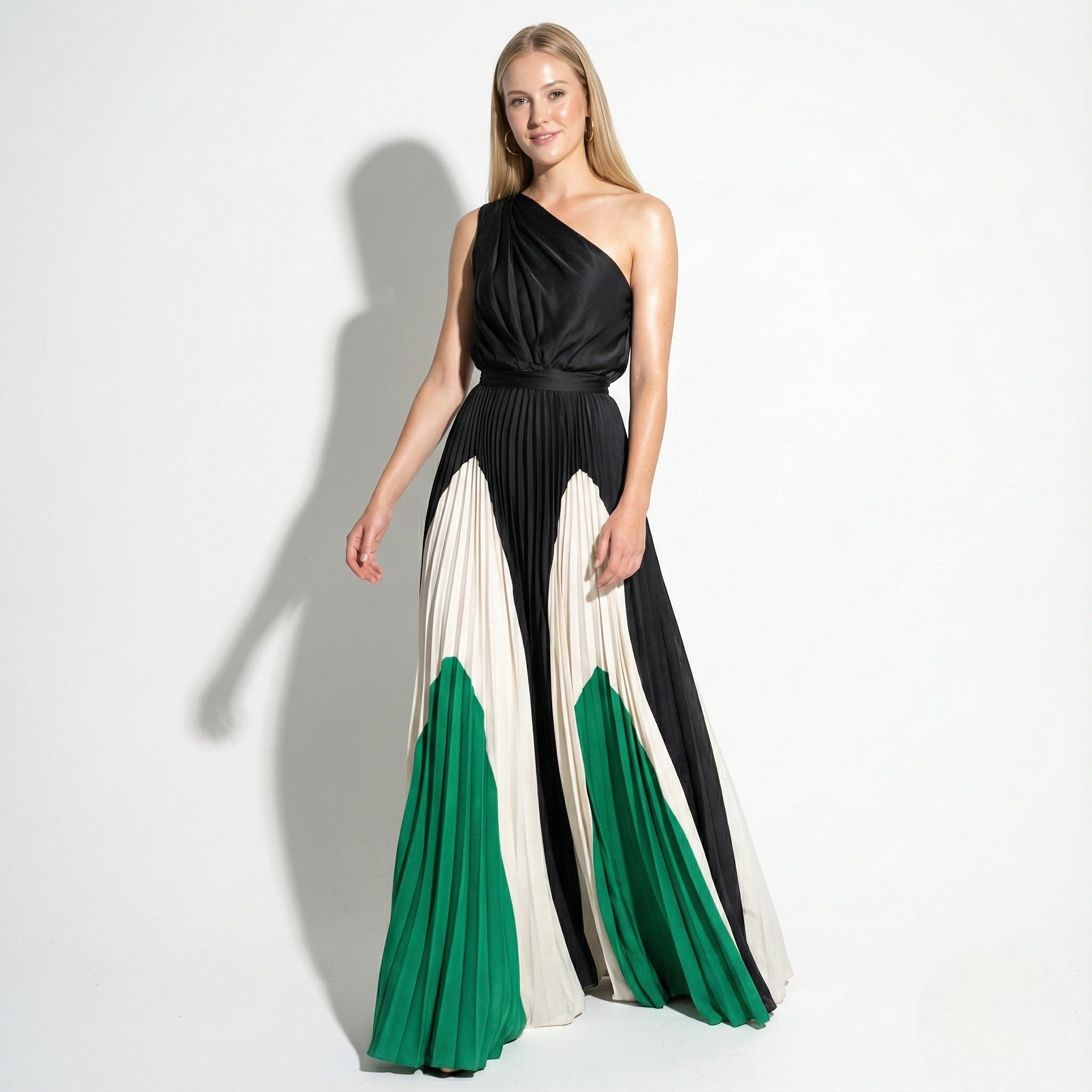 Ruby - Women's Asymmetrical One - Shoulder Pleated Dress - Dress - Emerald Monochrome Elegance - Jones & Smith