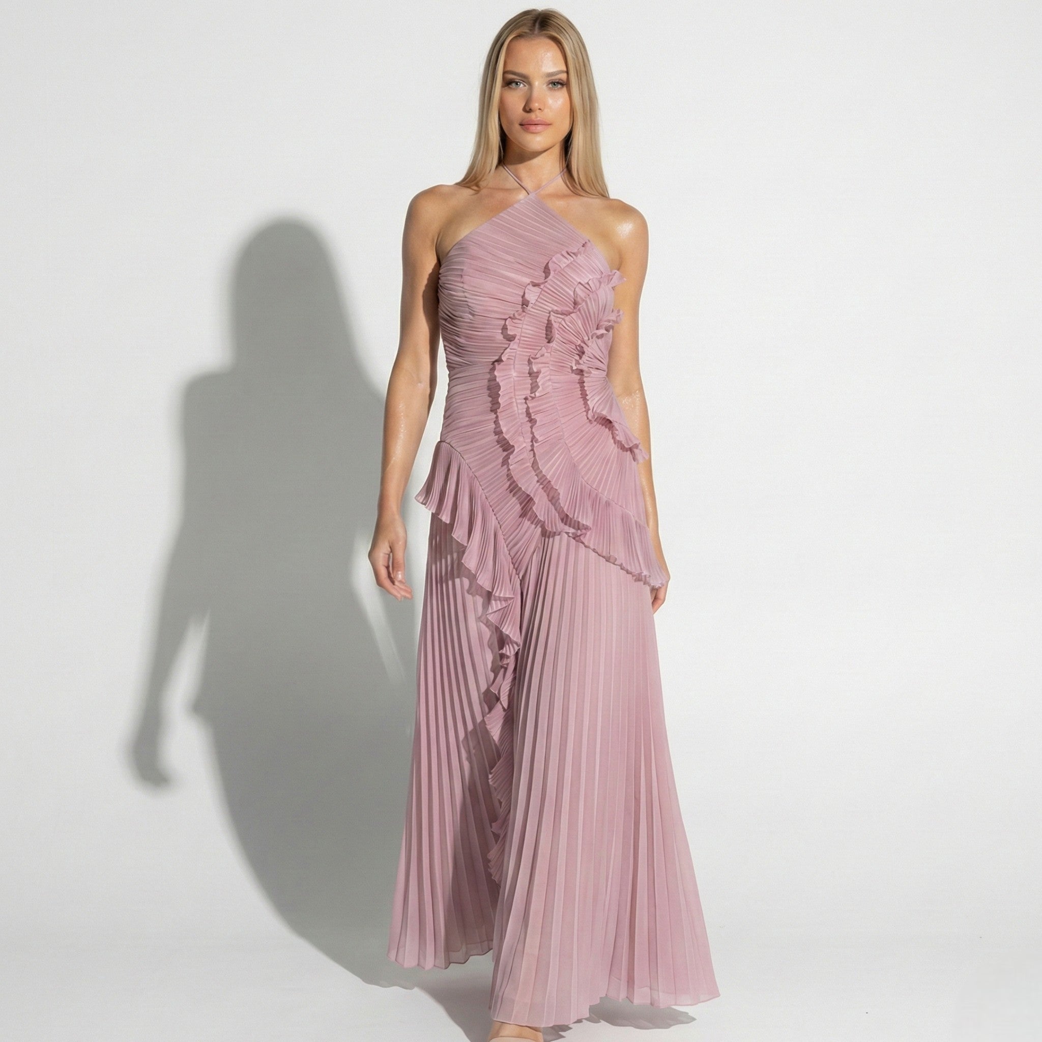 Ruby - Women's Halter Neck Ruffle Pleated Maxi Dress - Dresses - Pink - Jones & Smith