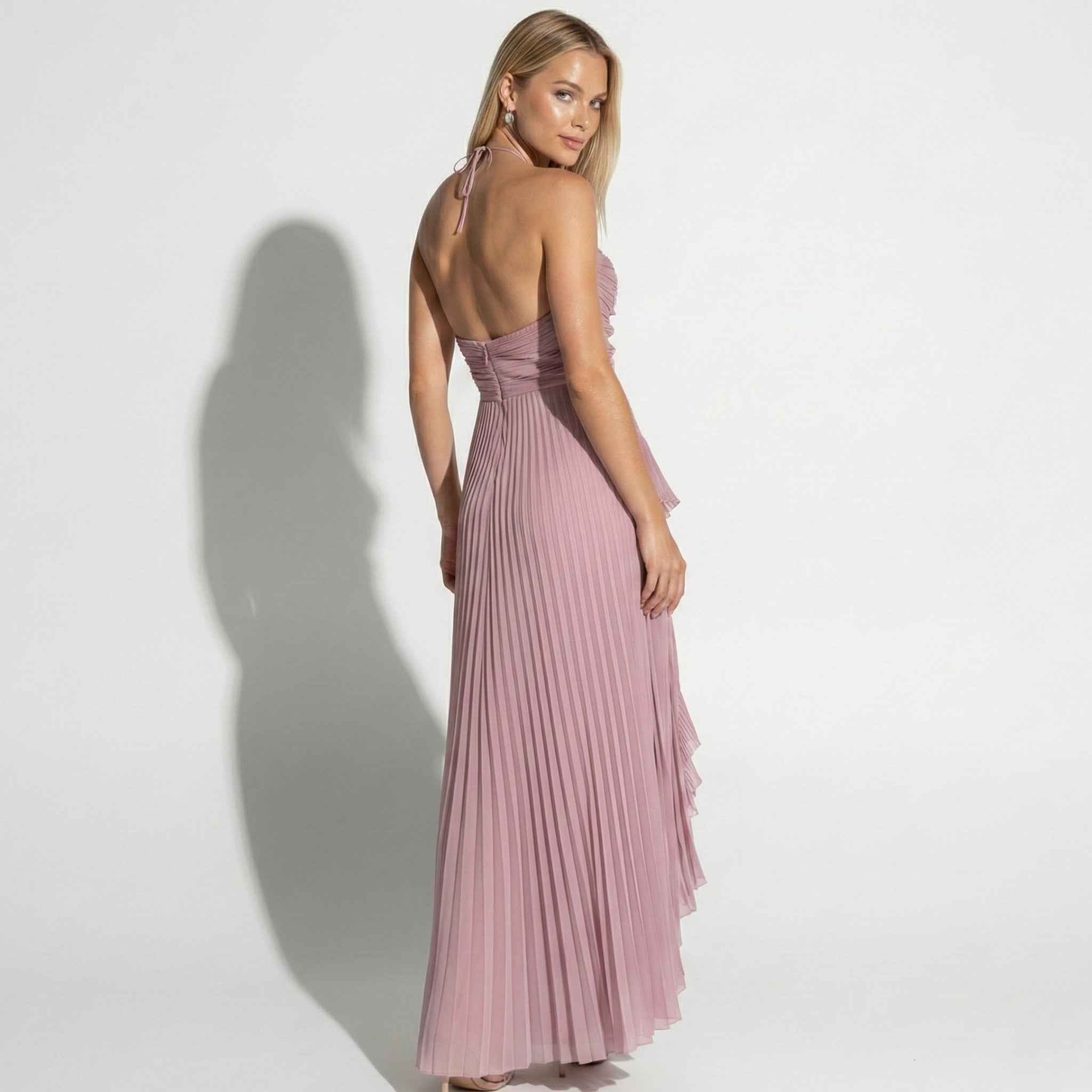 Ruby - Women's Halter Neck Ruffle Pleated Maxi Dress - Dresses - Pink - Jones & Smith