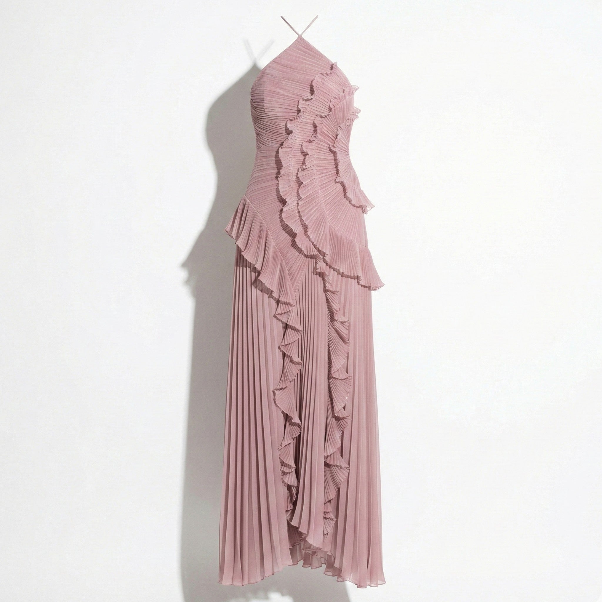 Ruby - Women's Halter Neck Ruffle Pleated Maxi Dress - Dresses - Pink - Jones & Smith