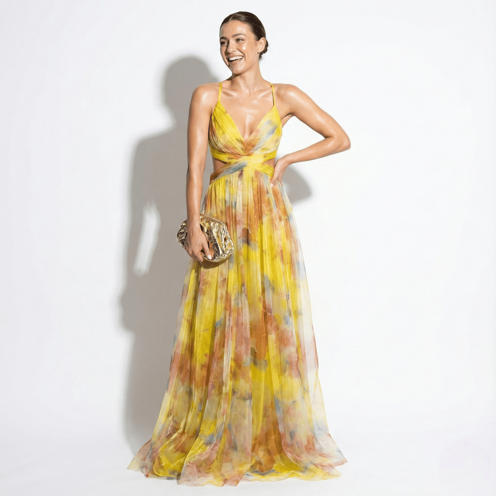 Ruby - Women's V - Neck Spaghetti Strap Floral Maxi Dress - Dress - Yellow - Jones & Smith