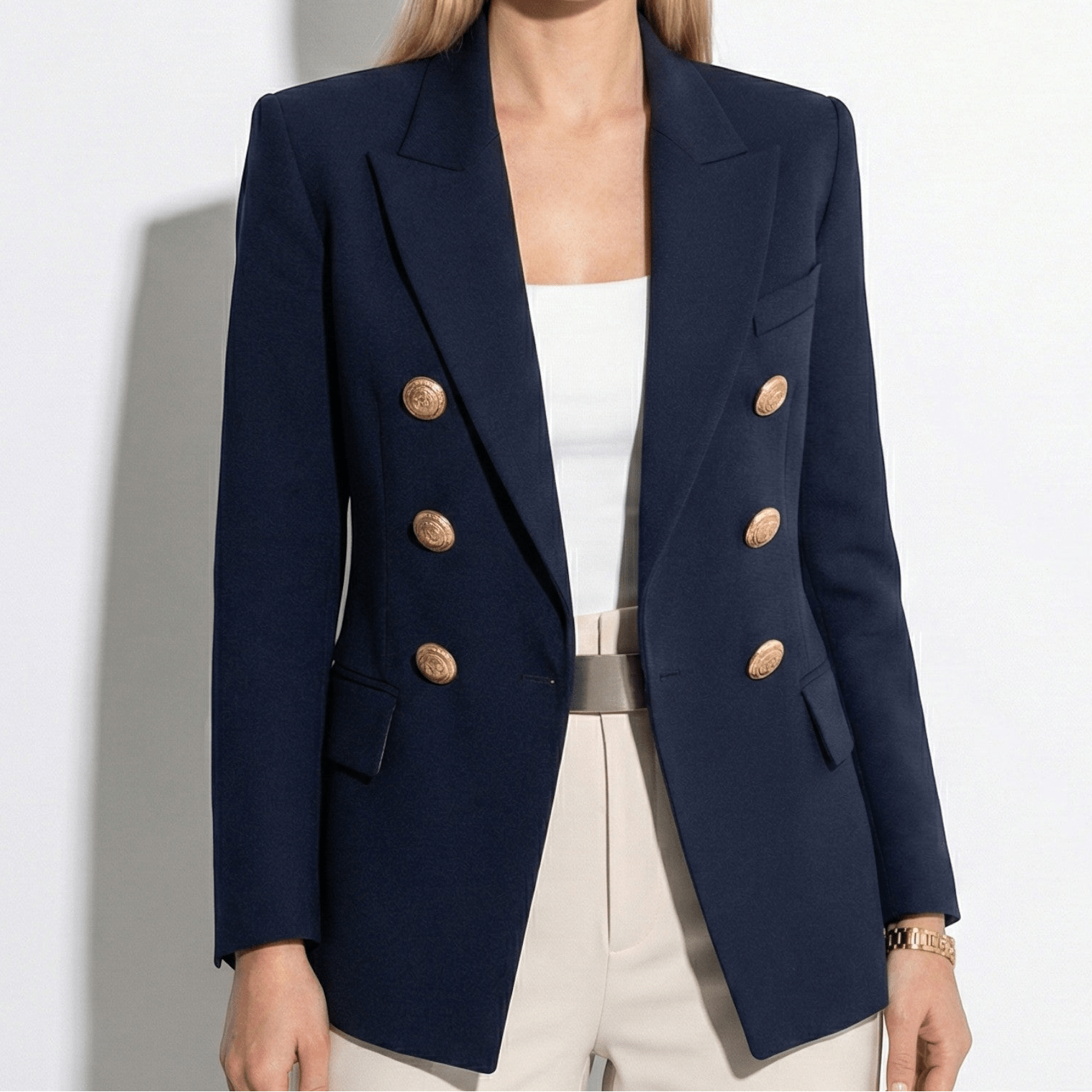 Sarah - Women's Tailored Double Breasted Blazer with Gold Buttons - Jackets - Blue - Jones & Smith