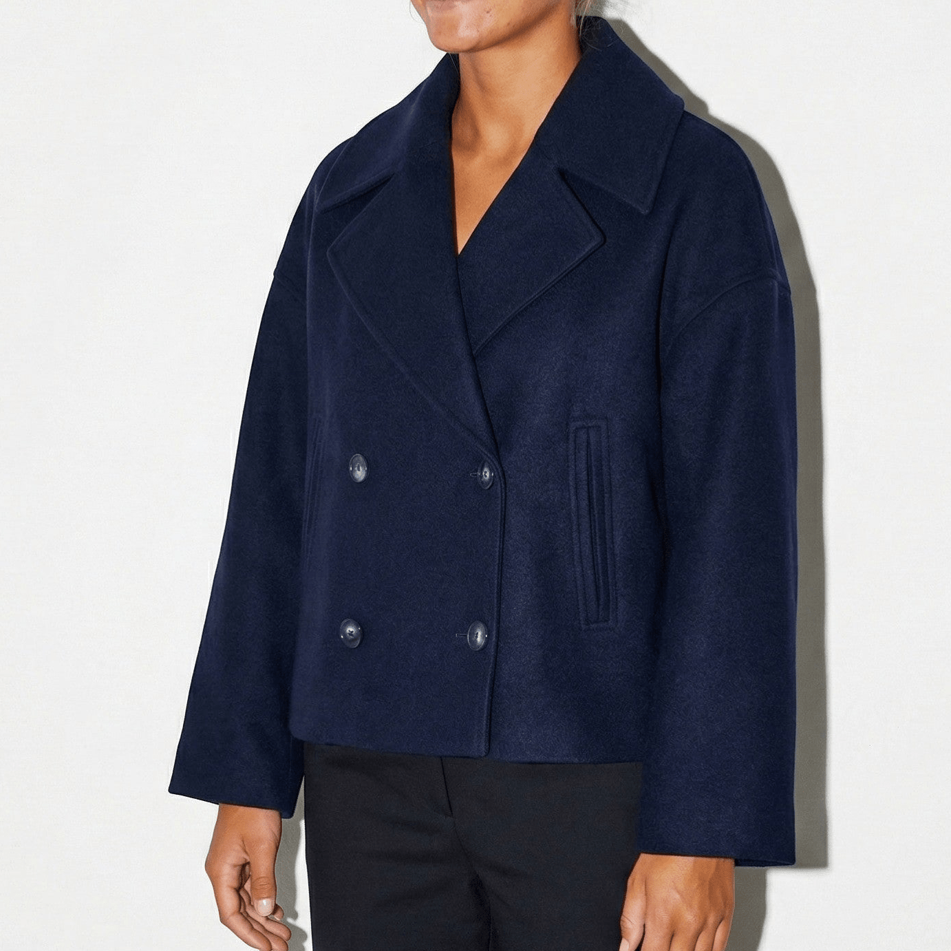 Sienna - Women's Double - Breasted Cropped Jacket with Pointed Lapels - Jacket - Marine Blue - Jones & Smith