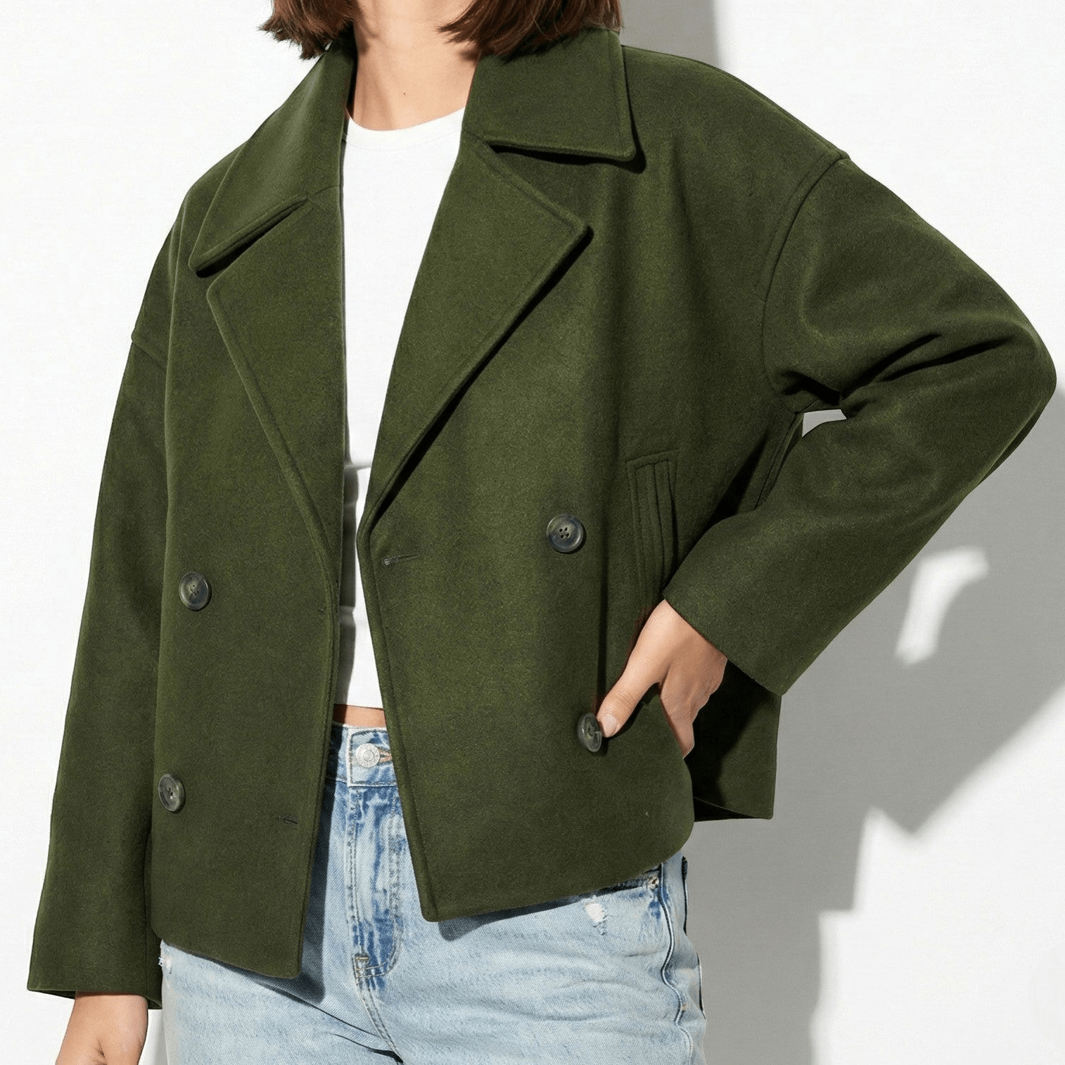 Sienna - Women's Double - Breasted Cropped Jacket with Pointed Lapels - Jacket - Green - Jones & Smith