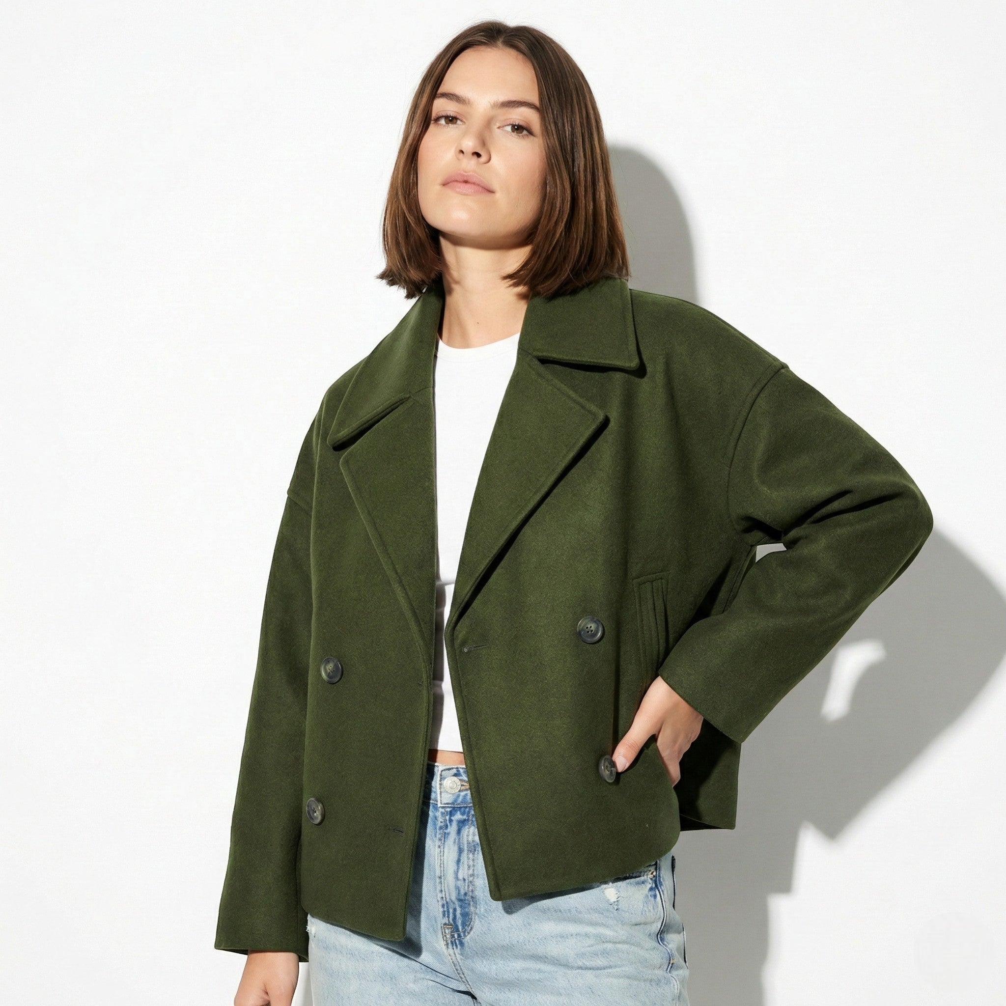 Sienna - Women's Double - Breasted Cropped Jacket with Pointed Lapels - Jacket - Green - Jones & Smith