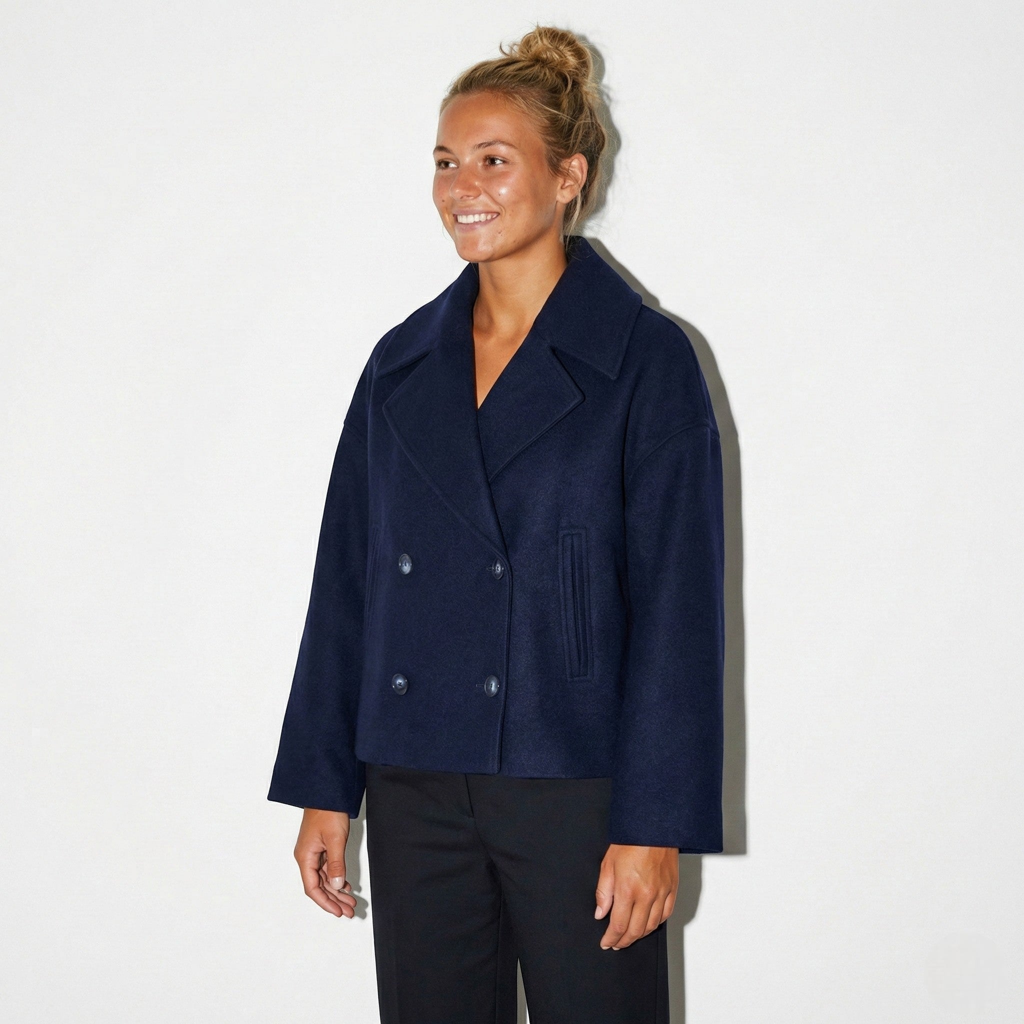 Sienna - Women's Double - Breasted Cropped Jacket with Pointed Lapels - Jacket - Marine Blue - Jones & Smith
