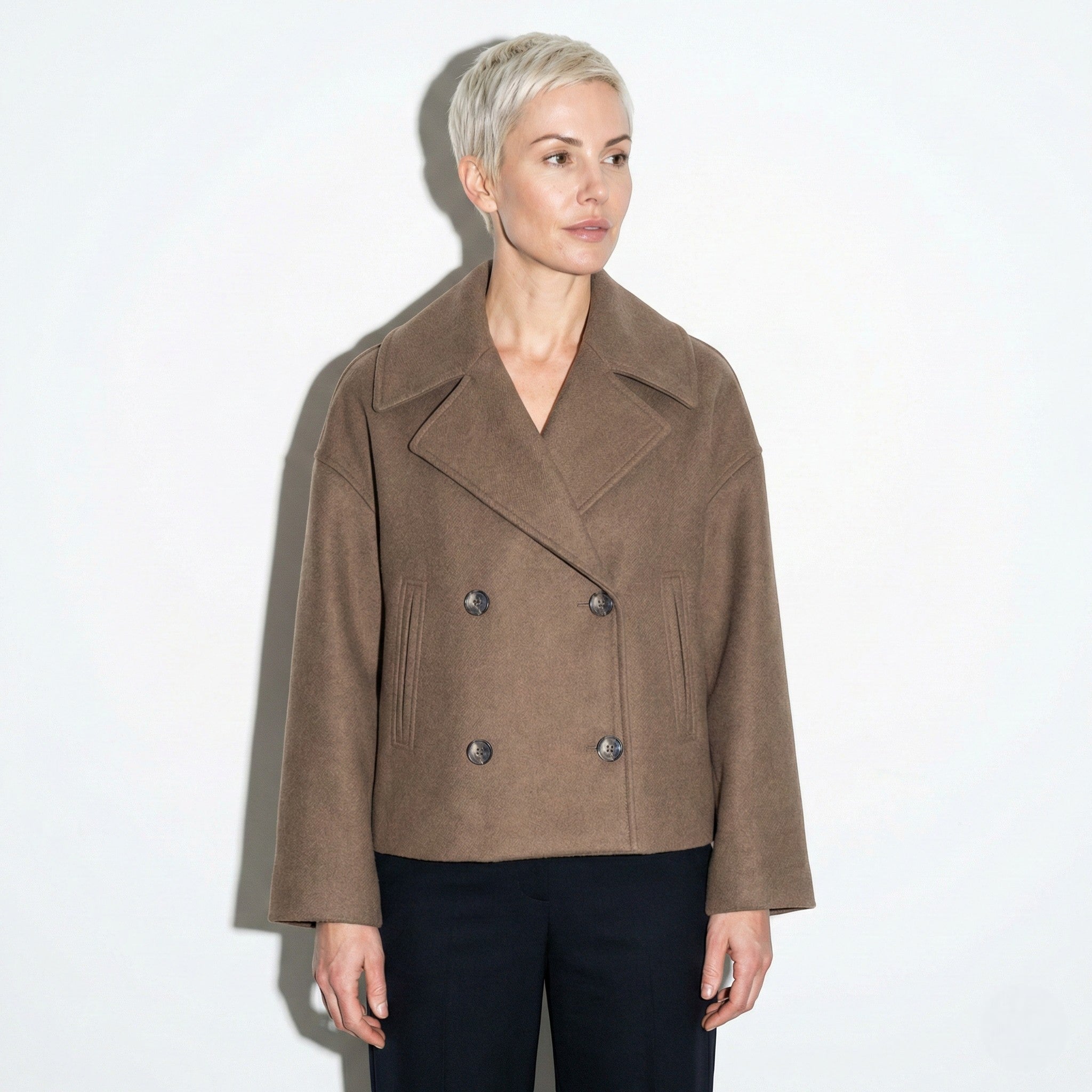 Sienna - Women's Double - Breasted Cropped Jacket with Pointed Lapels - Jacket - Brown - Jones & Smith