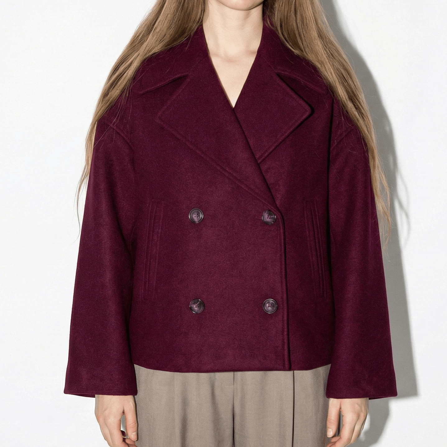 Sienna - Women's Double - Breasted Cropped Jacket with Pointed Lapels - Jacket - Red - Jones & Smith