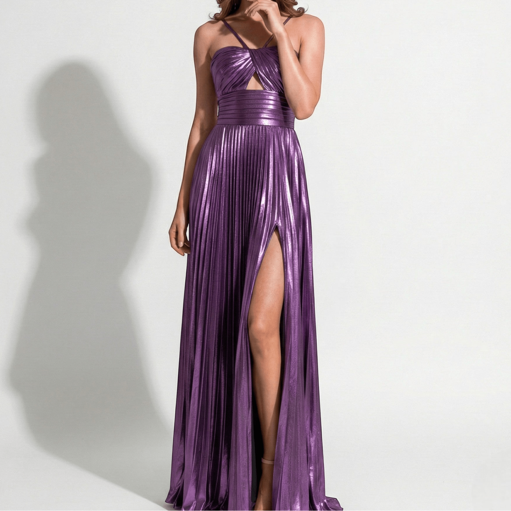Sophie - Women's Metallic Pleated Maxi Dress with Halter Neckline - Dresses - Purple - Jones & Smith
