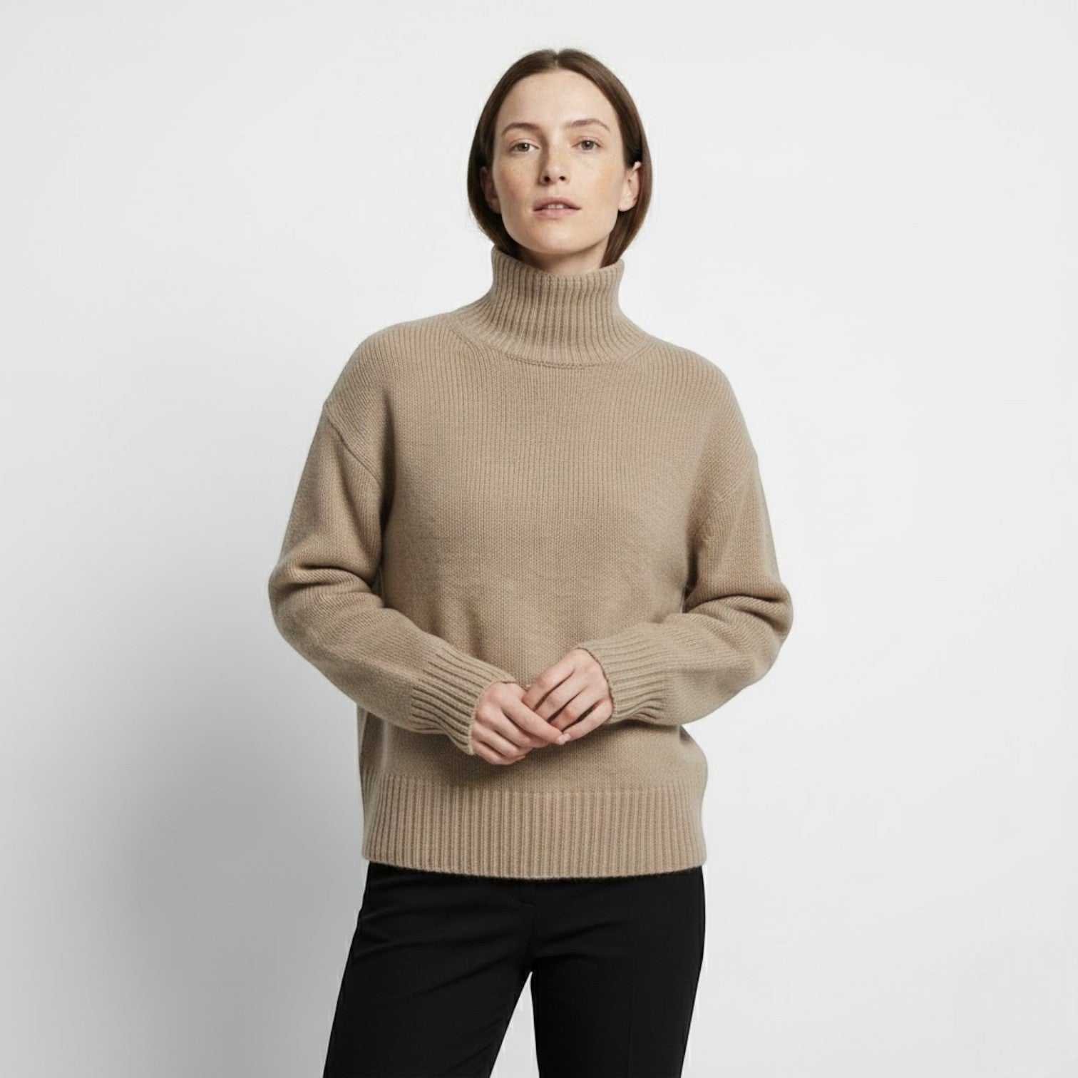 Sophie – Women's Wool Roll Neck Jumper - Sweater - Khaki - Jones & Smith