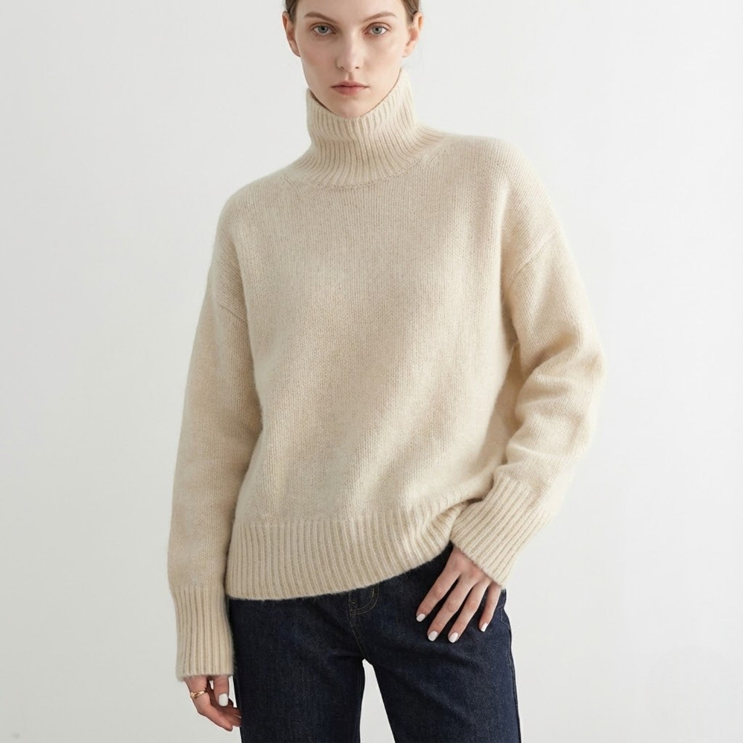 Sophie – Women's Wool Roll Neck Jumper - Sweater - Beige - Jones & Smith