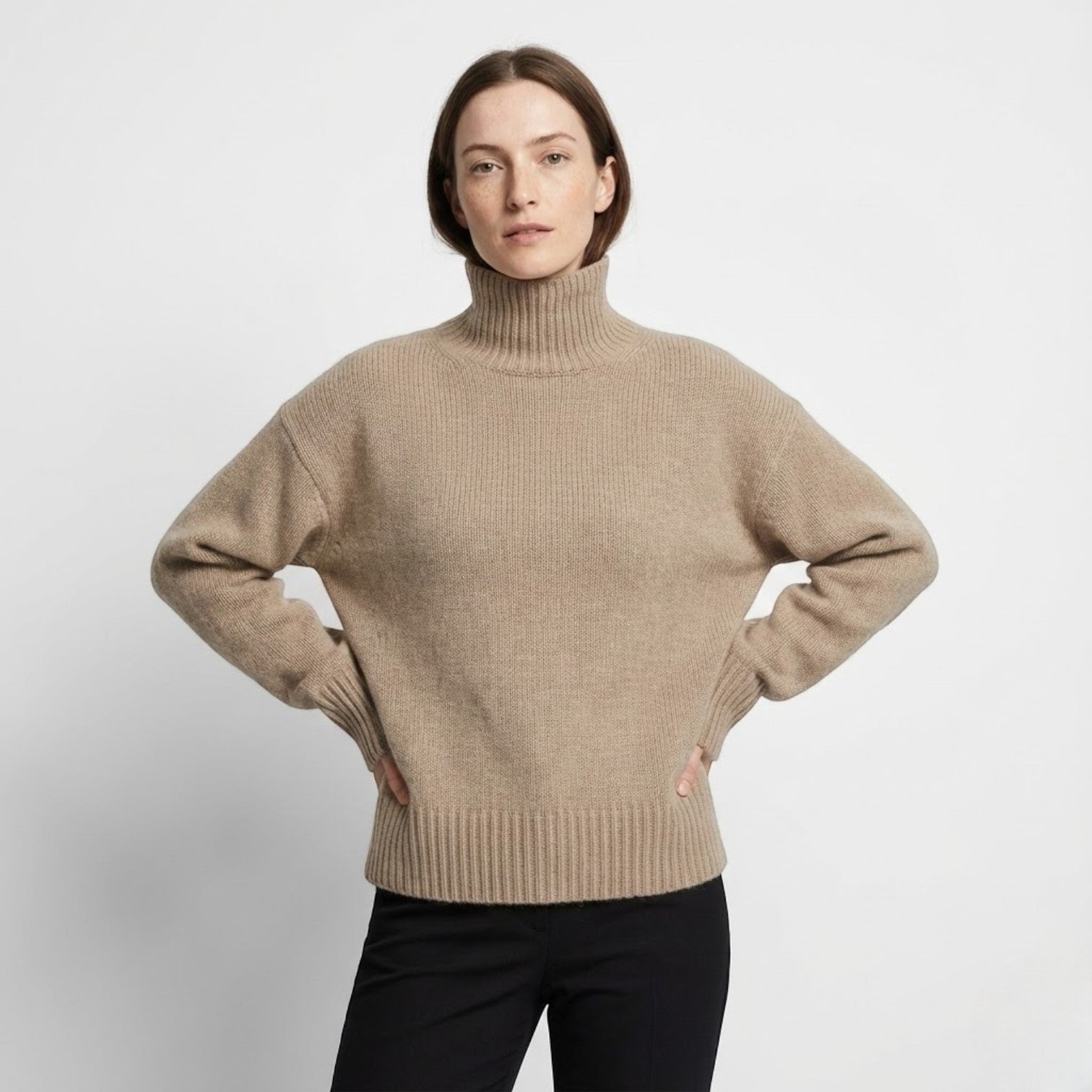 Sophie – Women's Wool Roll Neck Jumper - Sweater - Khaki - Jones & Smith